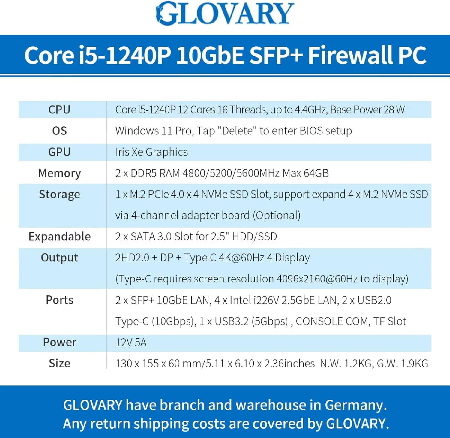 Micro Firewall Appliance Core i5 1240P, Dual 10GbE 82599ES SFP+ Mini PC Router, 4 x 2.5GbE LAN Home Server, DDR5 8GB RAM 128GB (PCIe4.0 x4) SSD, 10Gbit TypeC Port, OPNsense Hardware