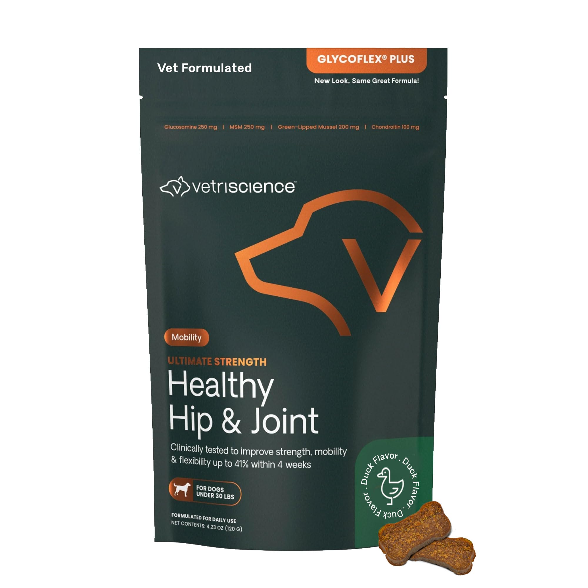 VetriScience Ultimate Strength Healthy Hip & Joint Chews, GlycoFlex Glucosamine, Chondroitin and Green-Lipped Mussel Joint Supplement for Small Breed Dogs, Soothe Joint Discomfort, Duck, 60 Count