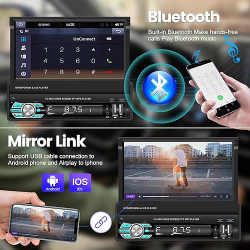 Miniatura 5 de Radio de coche de un solo DIN con Bluetooth, Carplay inalámbrico y Android Auto, pantalla abatible de 7 pulgadas, soporte estéreo retráctil para