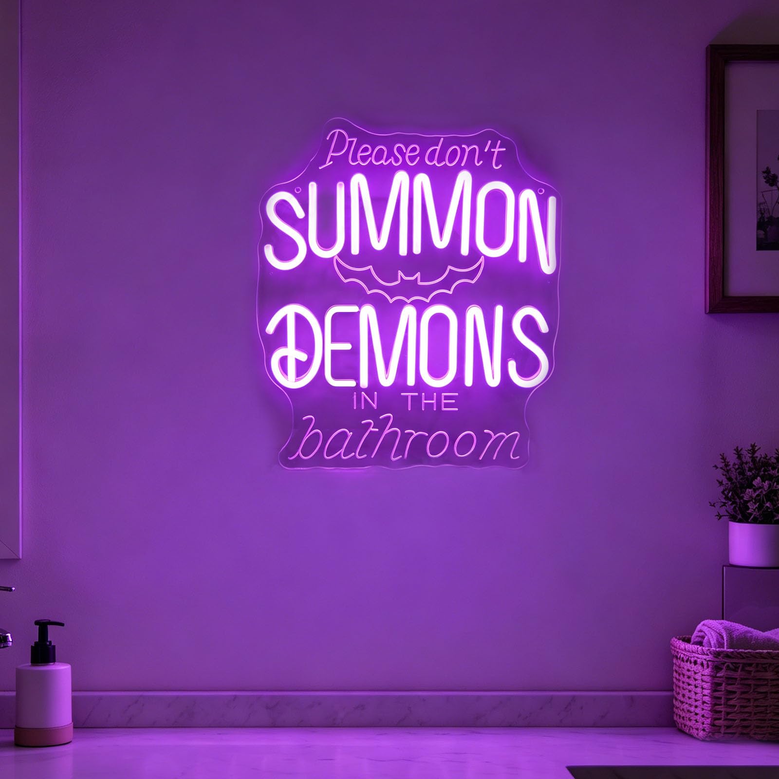 Please Don't Summon Demons in the Bathroom Neon Sign for Wall Decor Dimmable USB Powered Purple LED Neon Light Spooky Bat Neon Wall Signs for Children's Room Halloween Bar Dark Aesthetic Gift