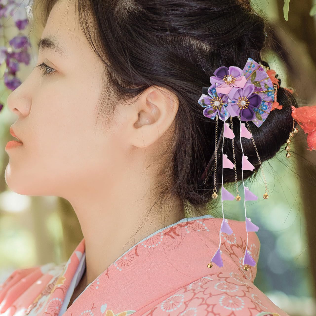 FRCOLOR Japanese Hair Clips Traditional Kimono Flower Floral Fan Barrette Clip Chinese Hanfu Costume Wedding Bridal Hair Accessories for Women Cosplay Photo Props-Purple