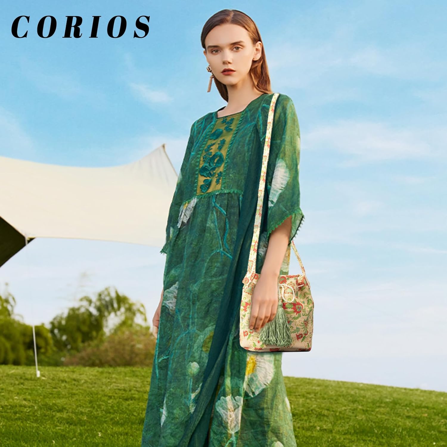 CORIOS Ethnic Tote Bag for Women Canvas Handbag Bohemian Bucket Bag Retro Shoulder Crossbody Bag with Tassels