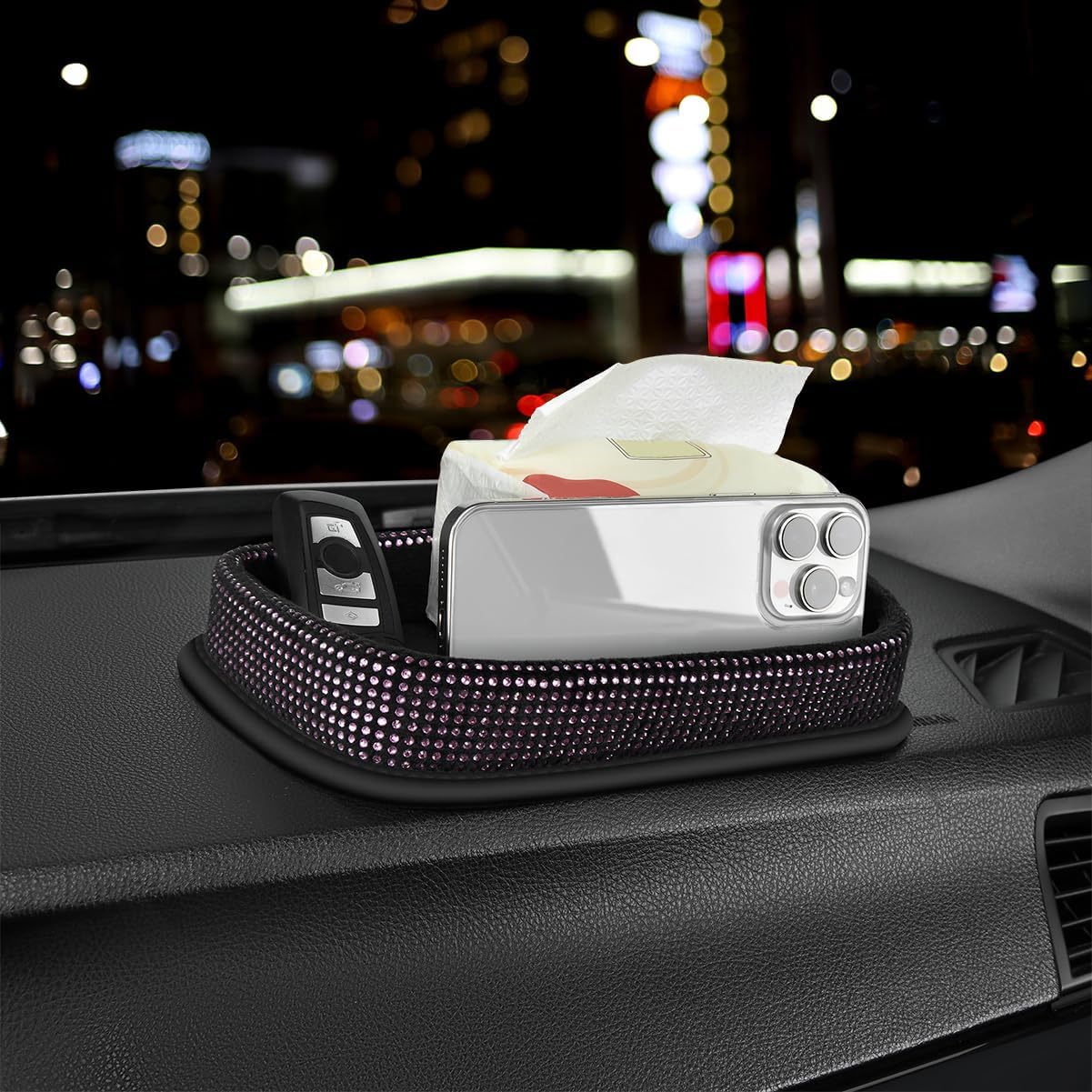 Car Dashboard Storage Box Loose Items Organizer - Suitable For Car, Office, Living Room, Dining Room And Other Scenarios (pink rhinestones)