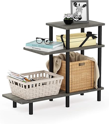 Furinno Turn-N-Tube - Mesa auxiliar de sofá de 3 niveles, roble francés grisnegro
