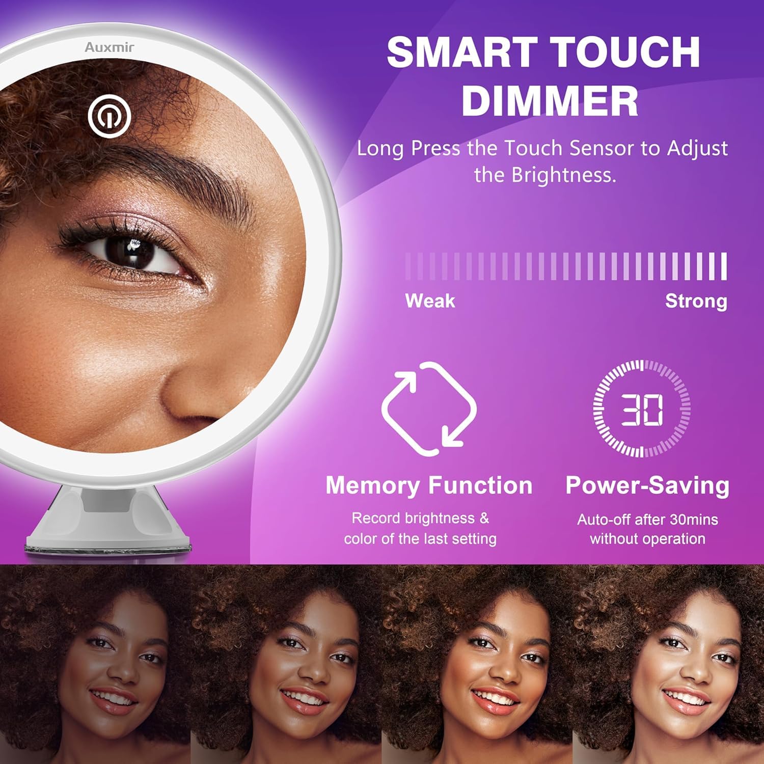 Auxmir Miroir Grossissant 30x Lumineux - Rechargeable avec 3 Modes D'éclairage LED - Ventouse d'attache Ajustable à 360° sans Fil - Miroir Cosmétique Portable pour Salle de Bain, Voyage