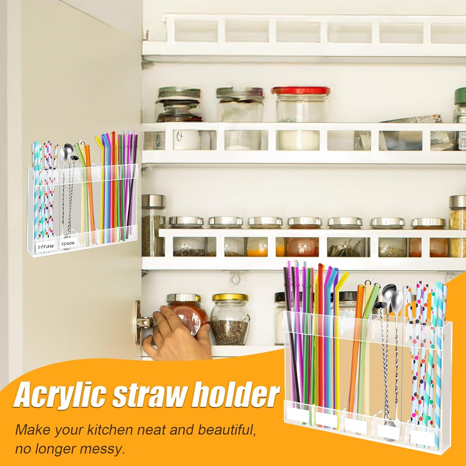 Upgraded Magnetic Mounting Acrylic Straw Holder for Cabinet Door with Adhesive and Stickers, Straw Organizer Tumbler Storage for Kitchen Fridge, Space Saving Straws Dispenser for Office, Transparent - Image 6