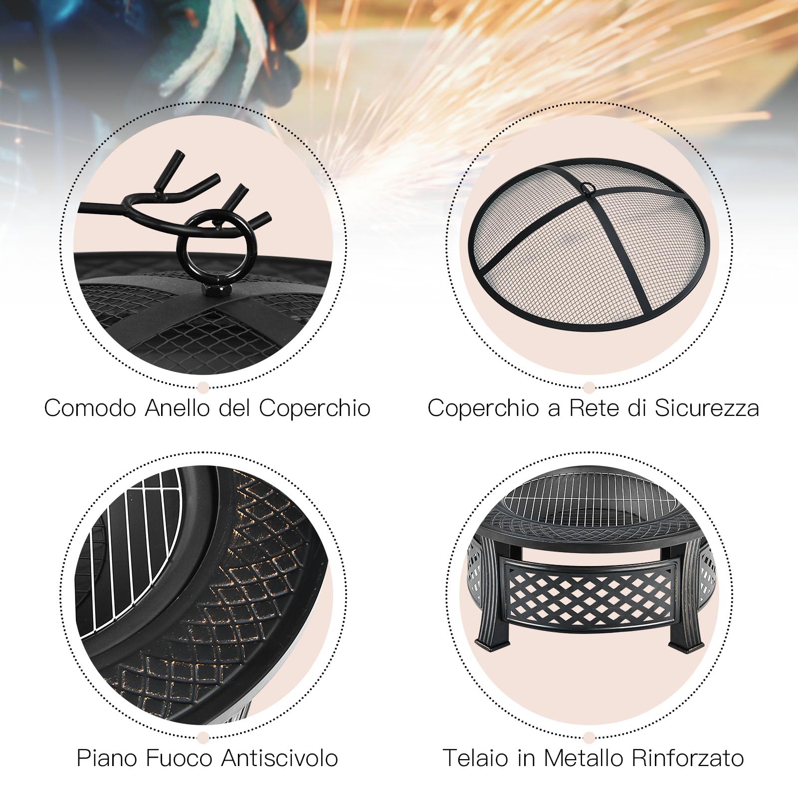 GYMAX 81CM Set Braciere, Braciere Tondo 3-in-1 con Finitura ad Alta Resistenza, Griglia per Legna da Ardere per Barbecue,con Copertura Antipioggia e Attizzatoio, per Giardino, Campeggio, Picnic