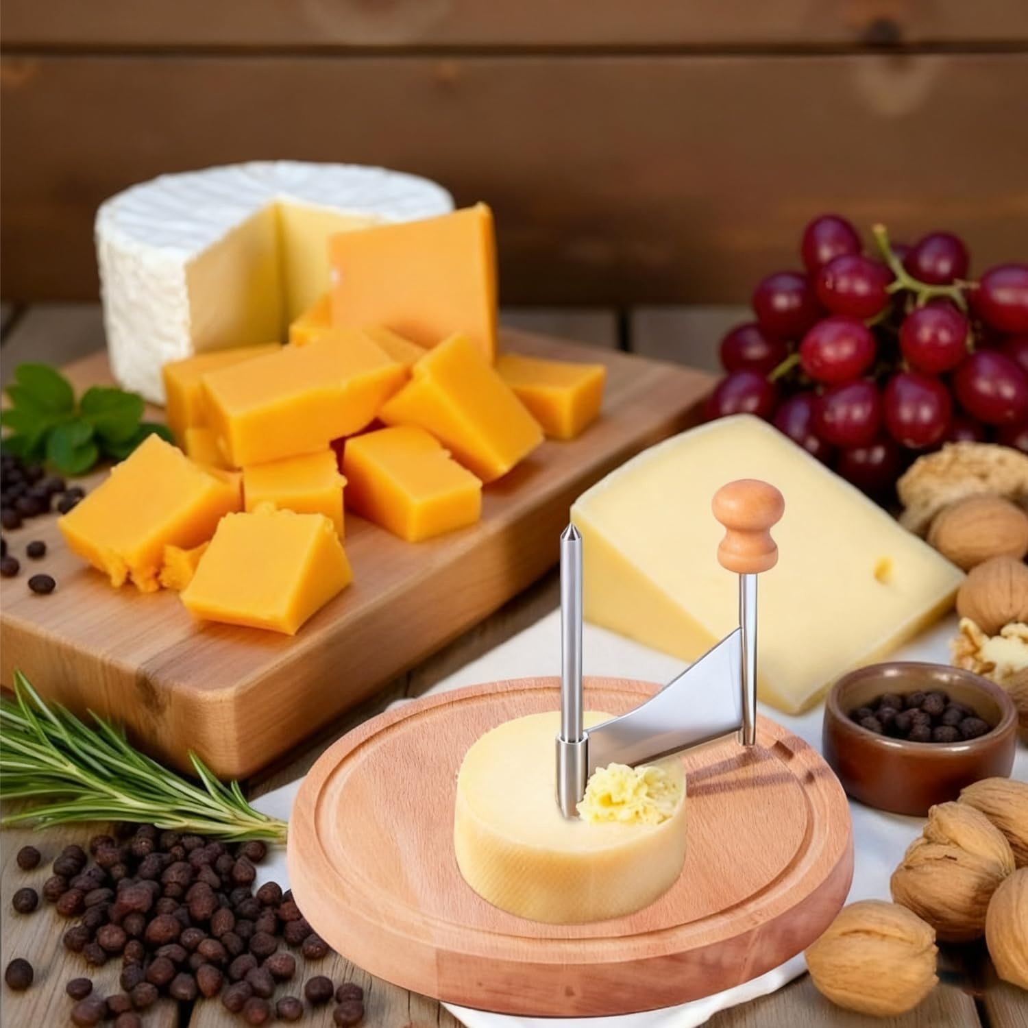 Wooden Cheese Curler Cutter, Stainless Steel Cheese Shaver for Cheese Wheel and Chocolate Block, Manual Cheese Slicer Tools Set with Tweezer for Home Kitchen Commercial Dessert Restaurant Cafe