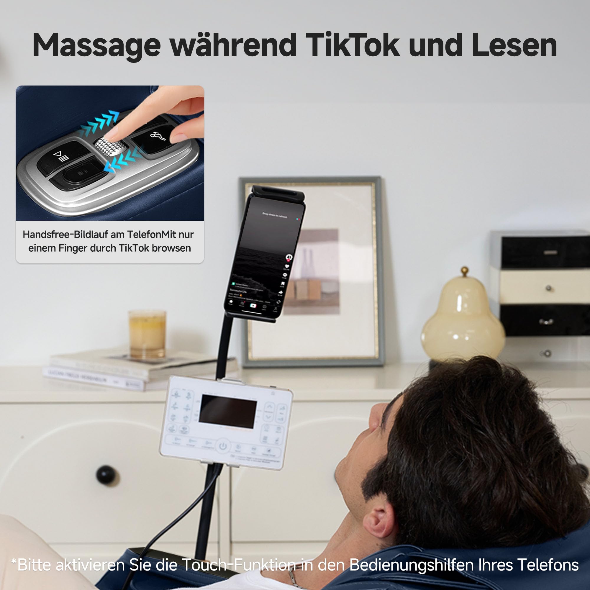 Real Relax 2026 Massagesessel Ganzkörper, Zero Gravity SL-Track Shiatsu-Massage-Liegesessel mit Telefon-Controller und Halterung, Kindersicherung, Pause-Taste und LED-Beleuchtung, Favor-06, Blau-Weiß