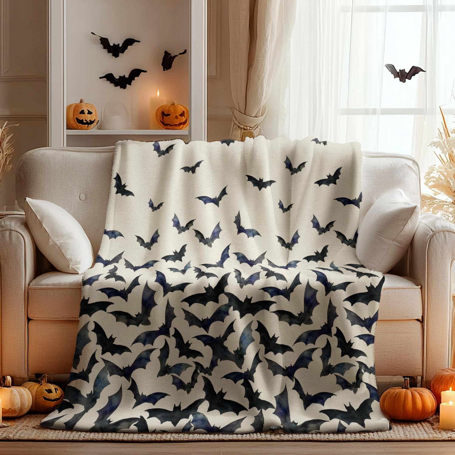 Horaldaily Halloween Flannel Blanket Throw, Bats Beige Soft Fuzzy Plush Cozy Fleece Blankets for Couch Sofa Bed Lounging, Ideal Gifts for Kids Adults Wife Self, 50x60