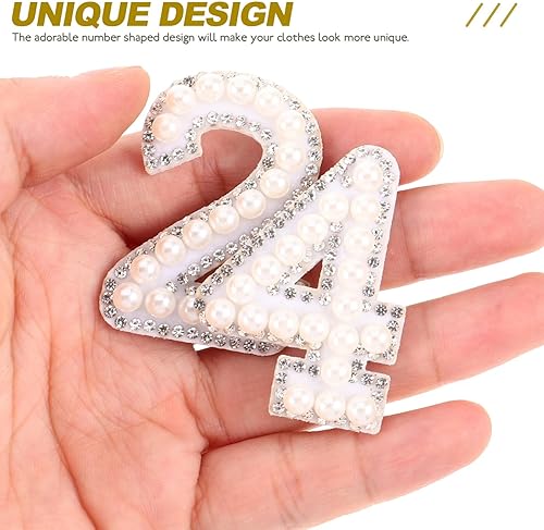 Miniatura 7 de EXCEART 10 parches de números del 0 al 9 con perlas y diamantes de imitación para planchar con apliques de bordado, calcomanías de bricolaje,