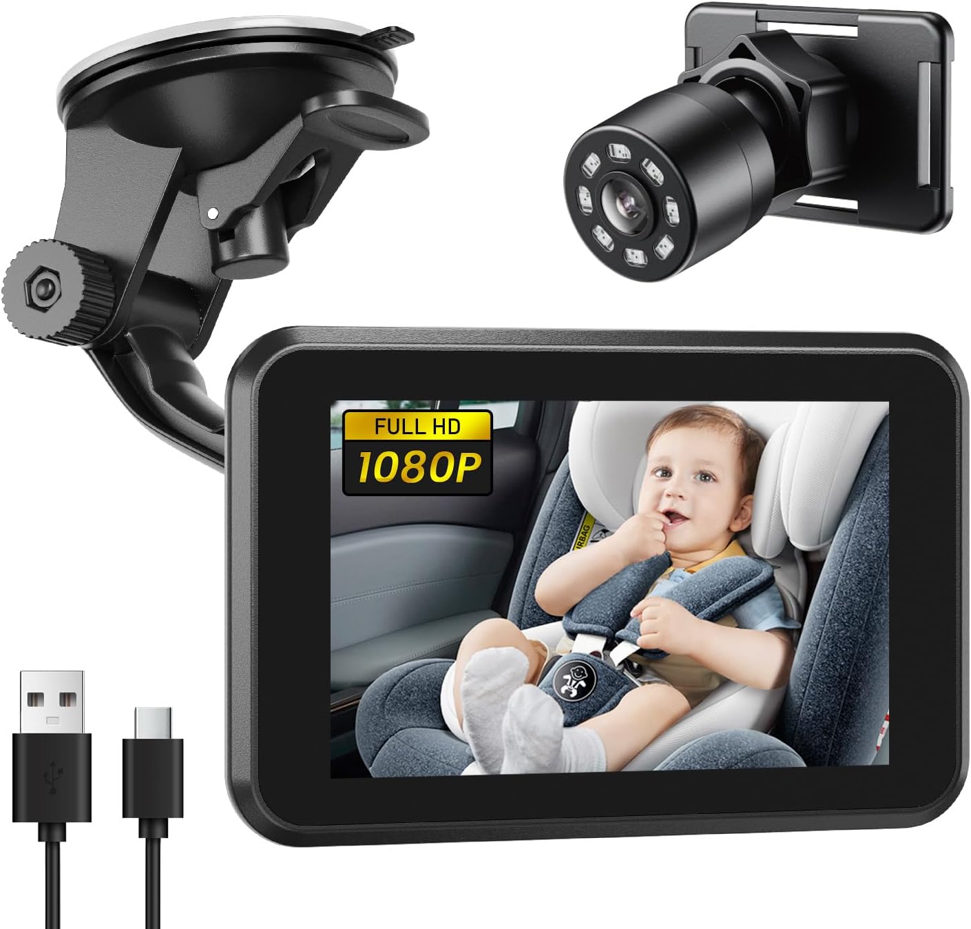 Itomoro Baby Car Camera USB Plug, 4.3" HD Car Baby Monitor with Camera Night Vision, Safety Seat Baby Car Mirror for Rear Facing 5 Mins Easy Installation
