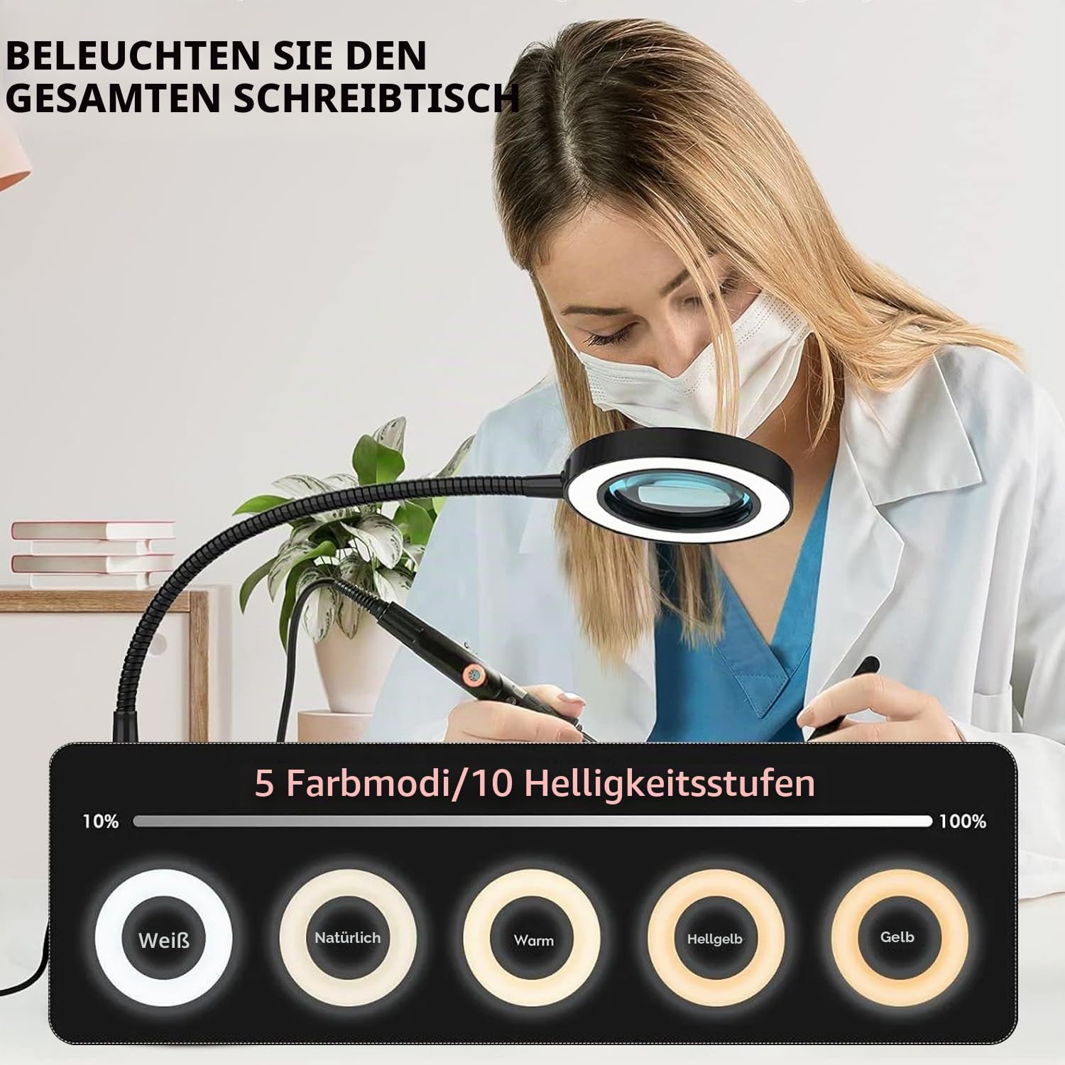 10X Lupe mit Licht und Ständer, 5 Farbmodi und 10 Helligkeitsregeln Lupe mit Licht für Basteln, Lesen, Arbeiten, Malen, Nähen, Reparieren, Naharbeit