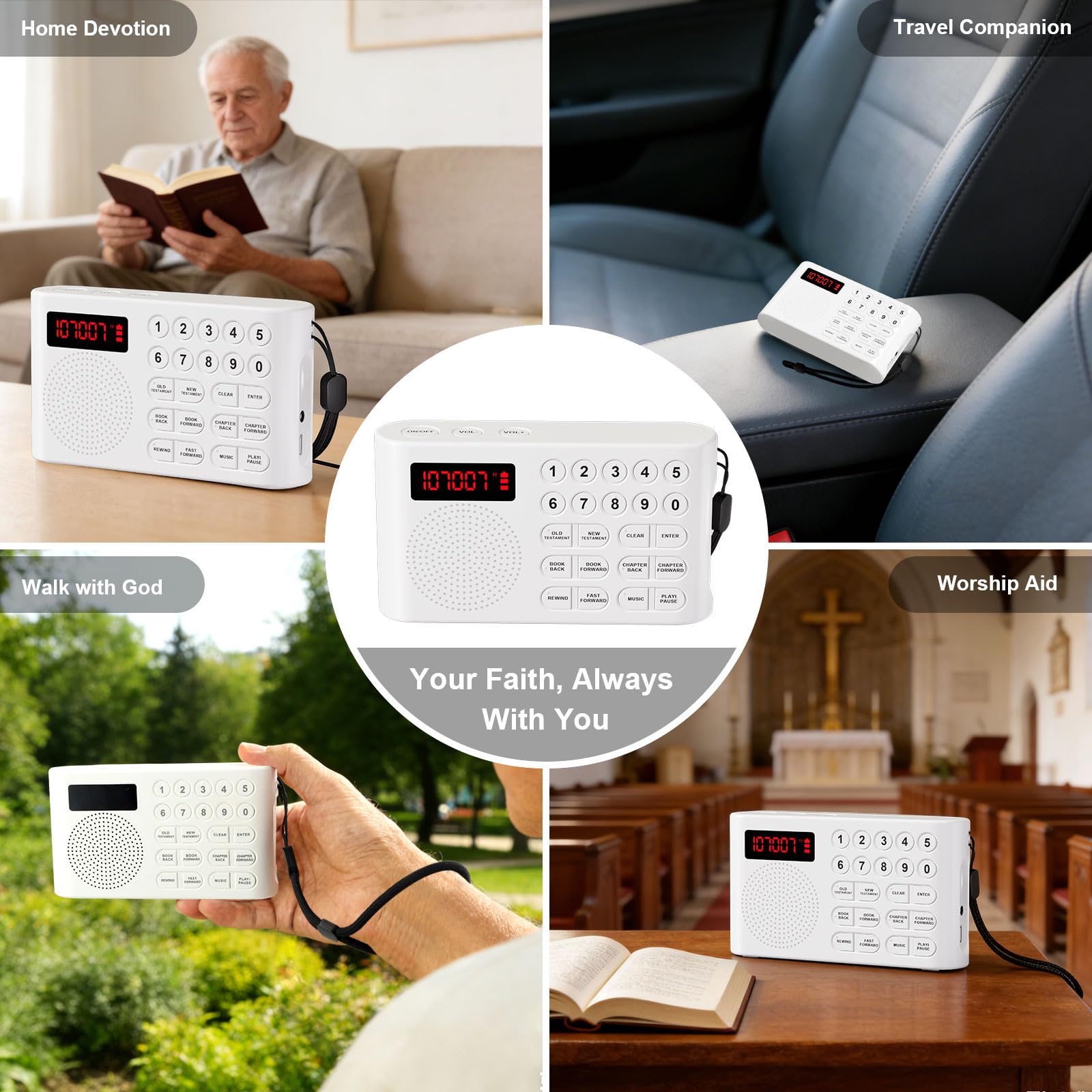 Lettore audio biblico digitale, bianco, design a pulsanti grandi con display LCD, riproduzione 26 ore, dispositivo di scrittura portatile per anziani e ipovedenti, KJV