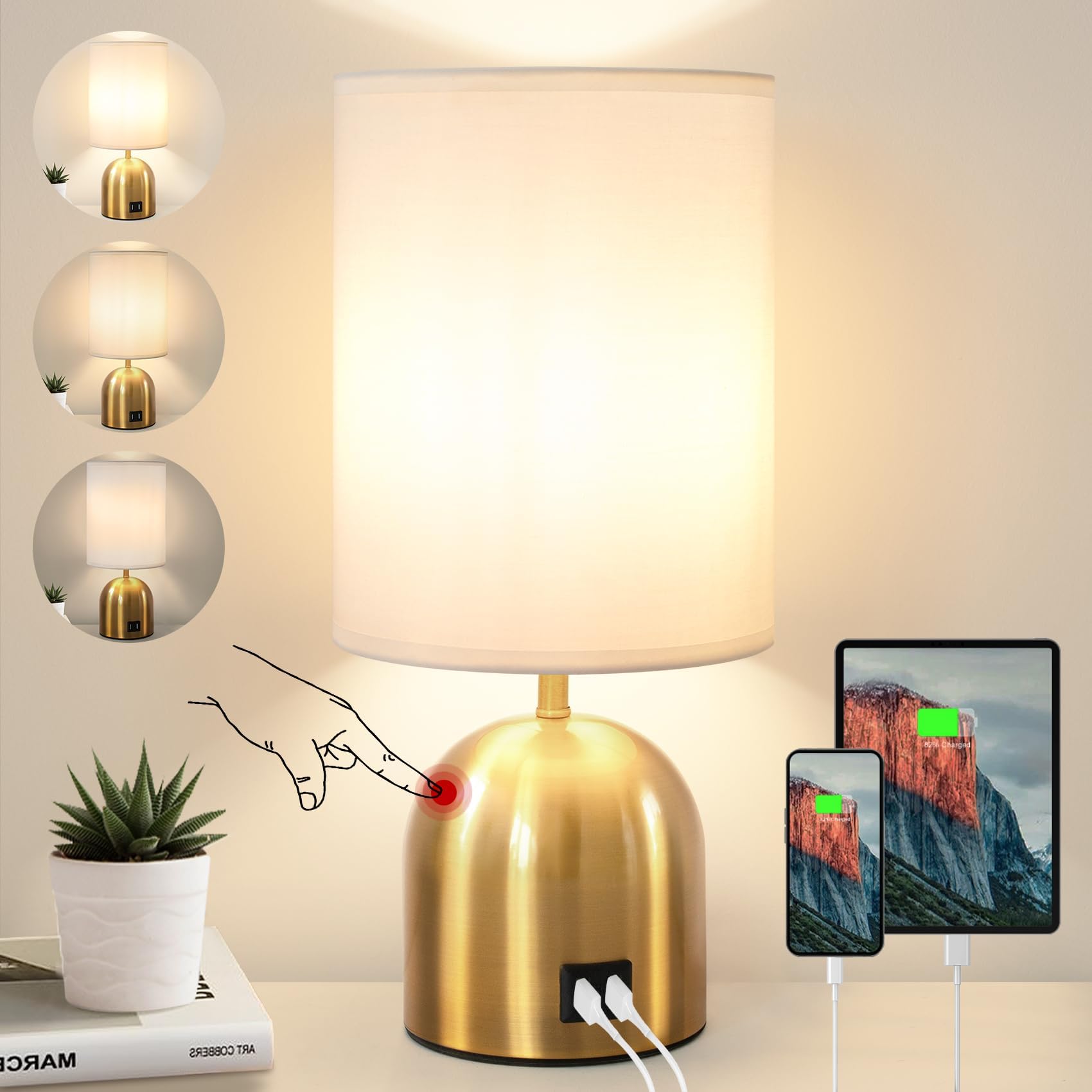 Touch Control Table Lamp for Bedroom, 3 Way Dimmable Modern Gold Bedside Lamps with 2 USB Charging Ports with Metal Base Fabric Shade for Nightstand, Living Room, Home Office(Bulb Included)