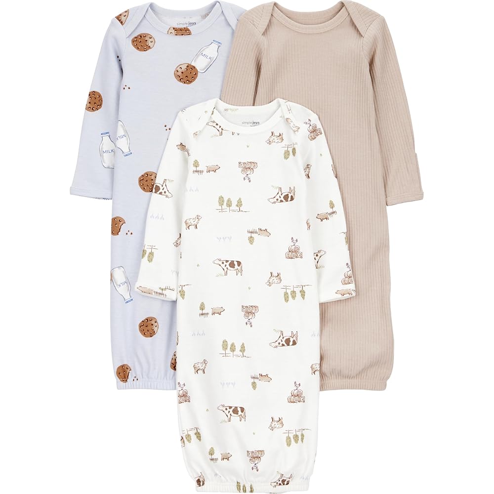 Simple Joys by Carter\'s Neutral 3-pack Neutral Cotton Sleeper Gown, Milk and Cookie, 0-3M