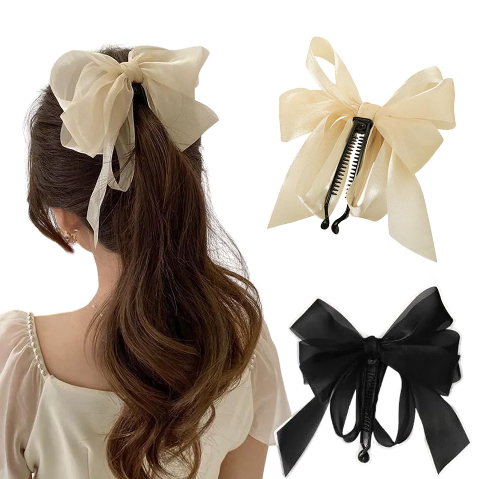 mdgfge 2Pcs Ribbon Bow Banana Hair Clip Bowknot Elegant Banana Gripper Vertical Ponytail Claw Clip Ponytail Holder for Women Girls Hair Accessories