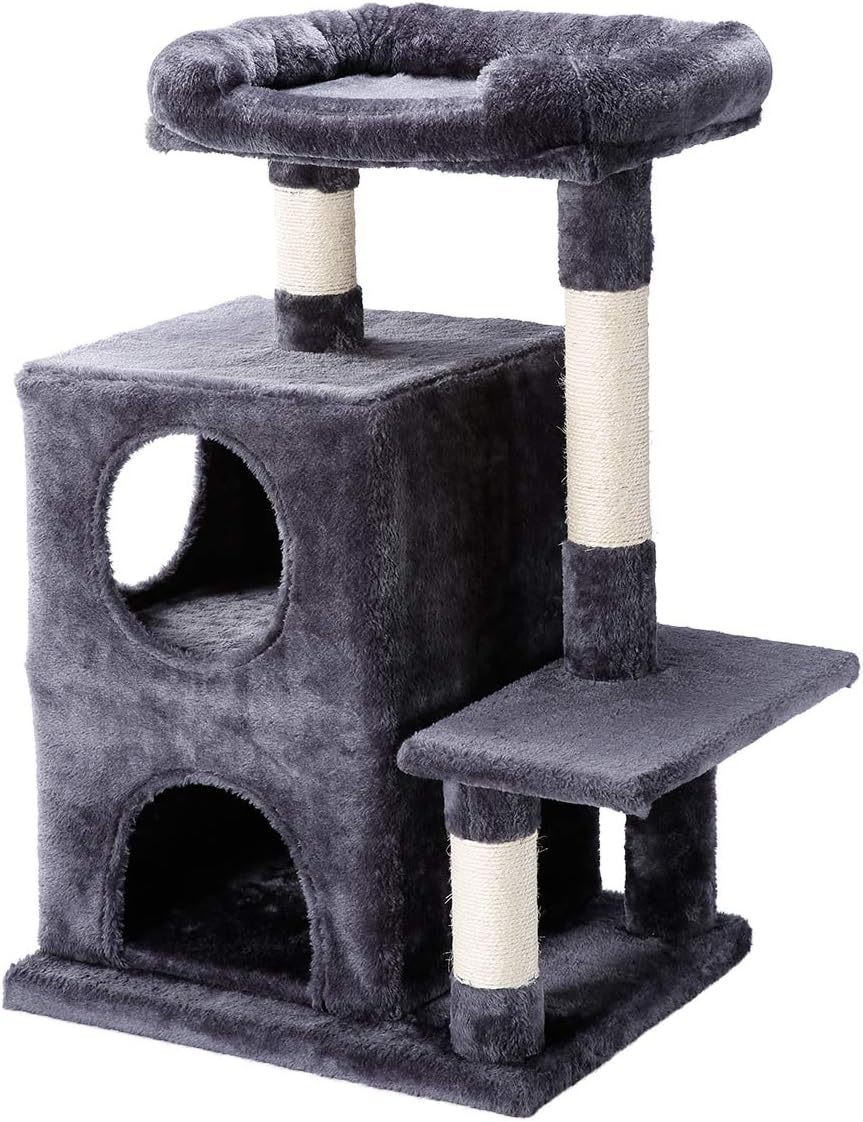 Petonaut Cat Tree Activity Centre Climbing Tower Furniture with Sisal Scratching Posts Plush Pet Condo House for Cats Kittens Gray