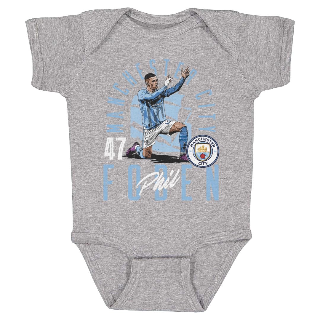 500 LEVEL Phil Foden Manchester City One-Piece Infant Bodysuit - Phil Foden Manchester City Arch WHT (Heather Gray, 6M)