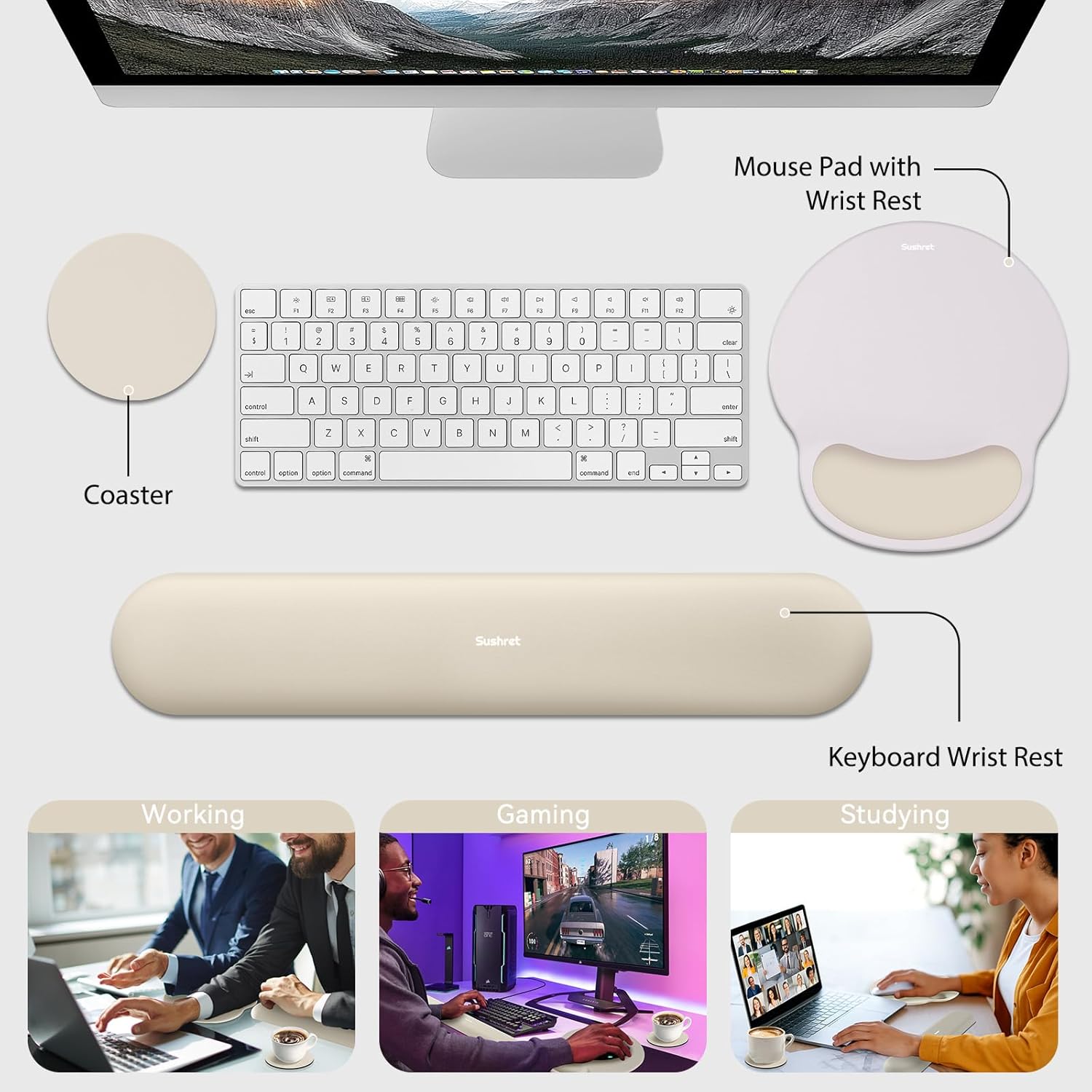 Sushret Mouse Pad and Keyboard Wrist Rest, 3-in-1 Gel Memory Foam Ergonomic Mouse Pad with Wrist Rest Set, Gaming Mousepad Arm Cushion Support for Computer Office Desk Accessories Cute Setup,Khaki
