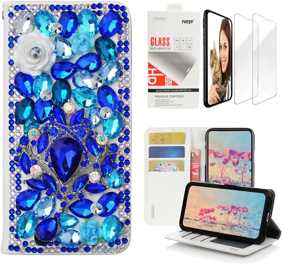STENES Bling Wallet Phone Case Compatible with LG K51 - Stylish - 3D Handmade Dance Butterfly Rose Flowers Leather Cover with Screen Protector [2 Pack] - Light Blue