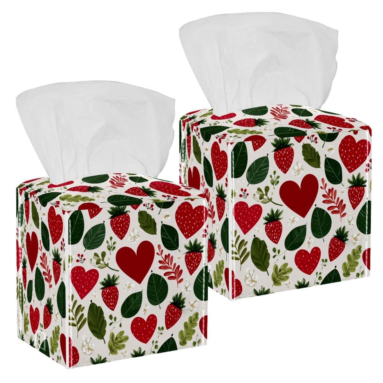 Hearts and Strawberries Tissue Box Cover, 2 Pack PU Leather Square Facial Tissue Dispenser Box holder for Home Office Car