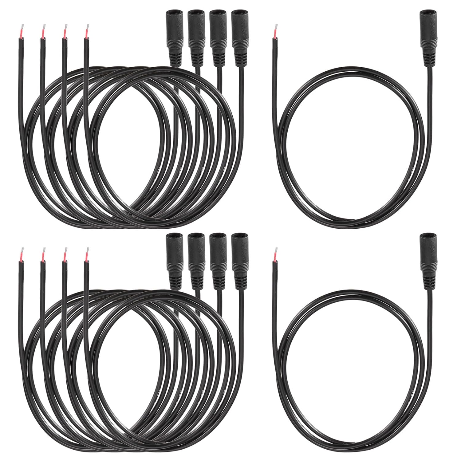 MECCANIXITY 10pcs DC Power Pigtails Cable, 5.5 x 2.1mm Female Barrel Plug Connector to Bare Wire Open End for CCTV Camera, DVR, LED Strip, 100cm Black