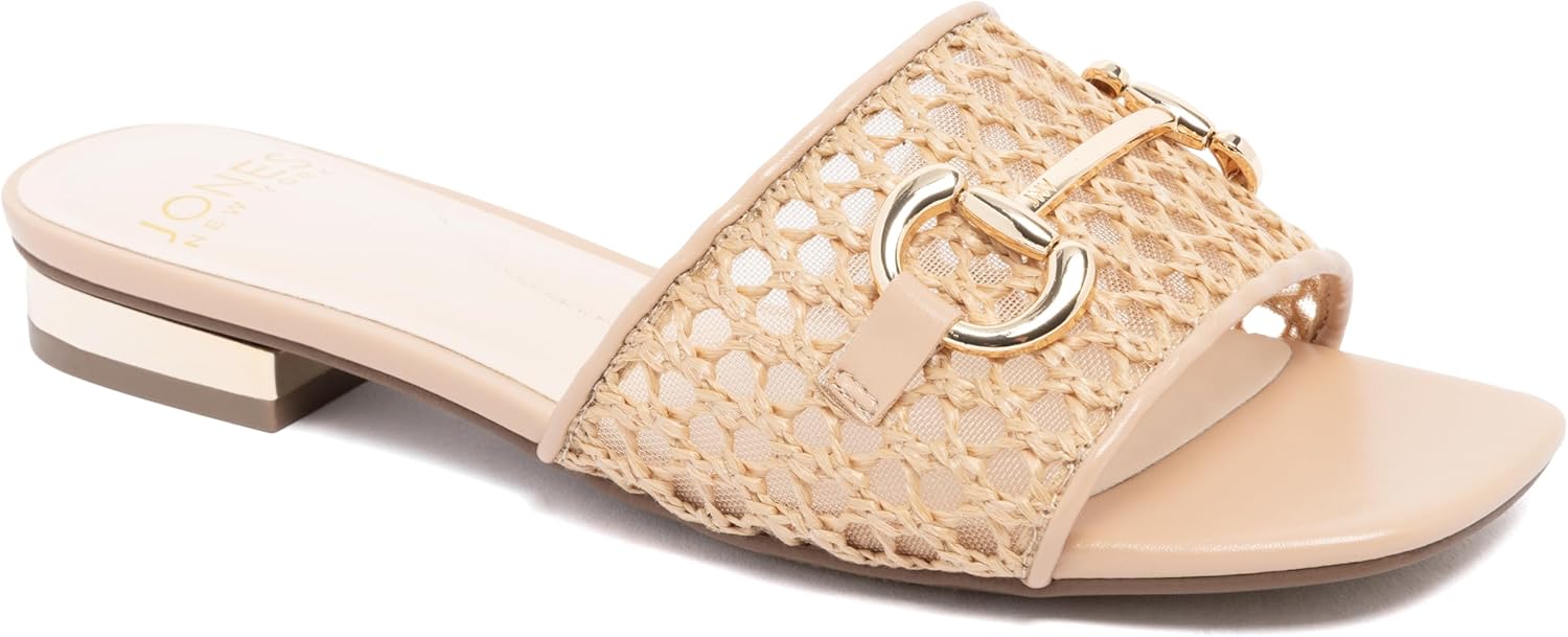 Jones New York Women's Woven Raffia Slide Sandal – Low Block Heel Mule with Buckle