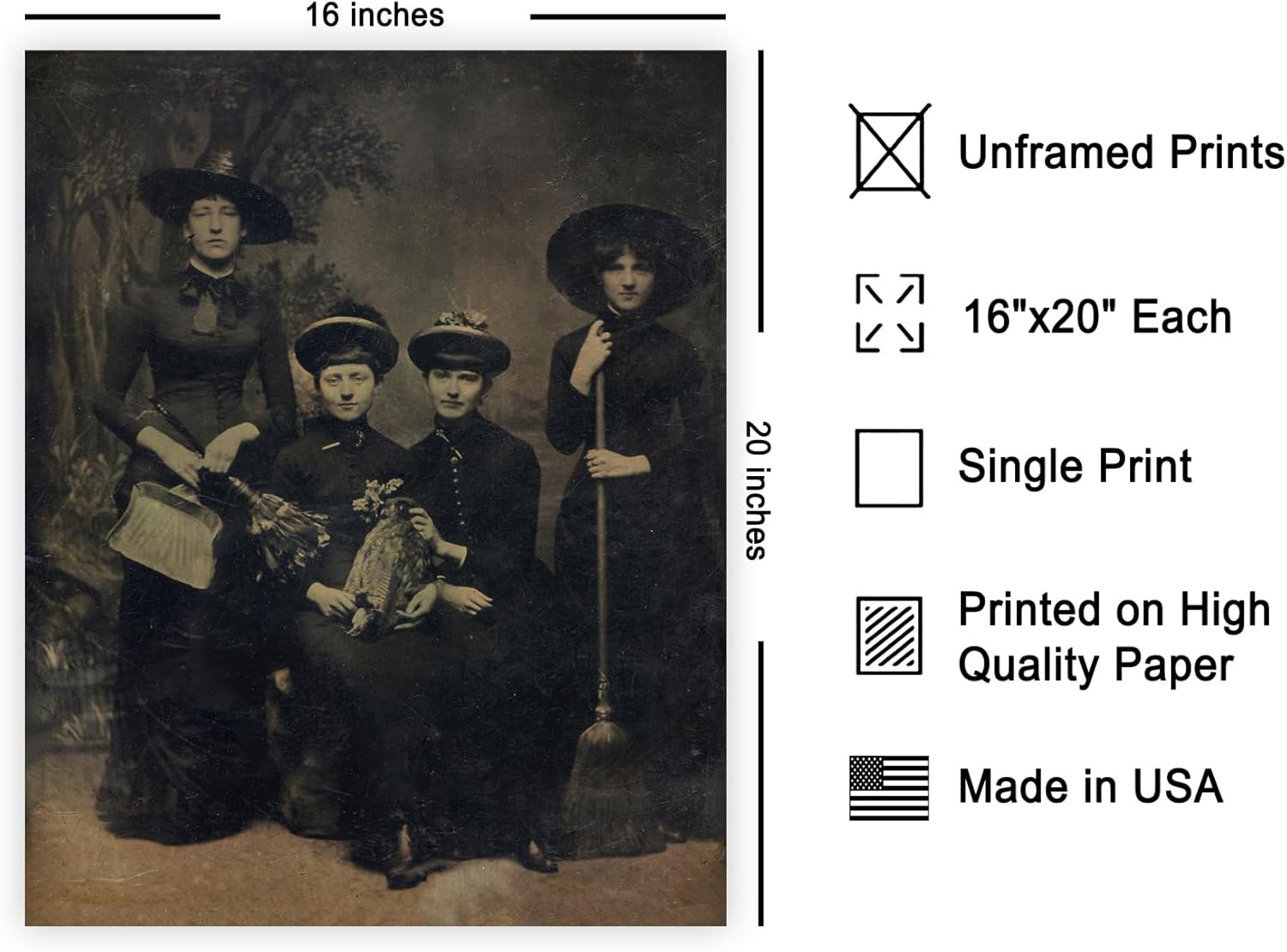 Poster Master Vintage Four Witches Coven Poster - Retro Witches Print - Witchcraft Art - Halloween Art - Gift for Men & Women - Gothic Decor for Living Room, Bedroom or Dorm - 16x20 UNFRAMED Wall Art