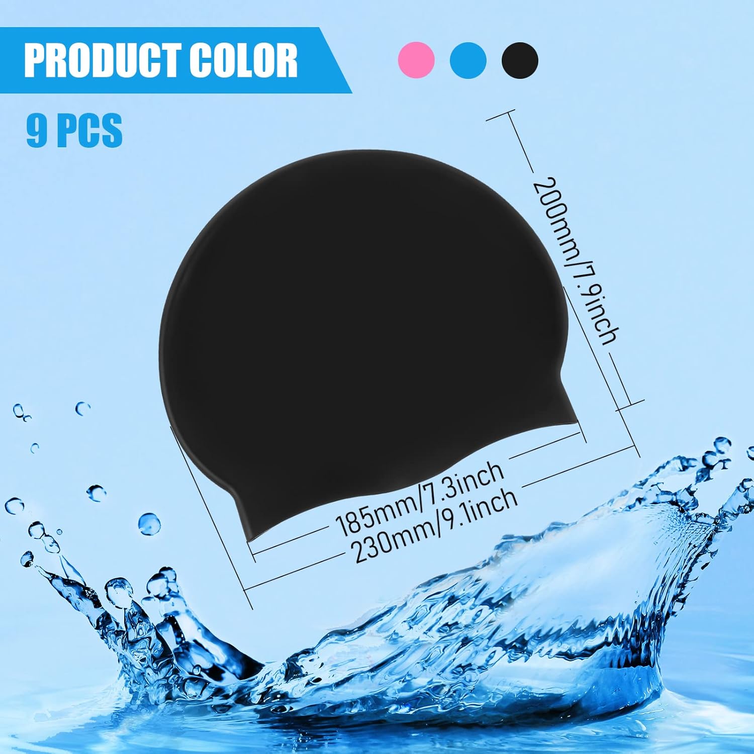 9 Pieces Unisex Swim Cap Silicone Waterproof Swimming Hat Flexible Silicone Swimming Cap for Women Men Kids Adults, Bathing Swimming Caps for Short and Long Hair Black, Lake Blue, Rose Red