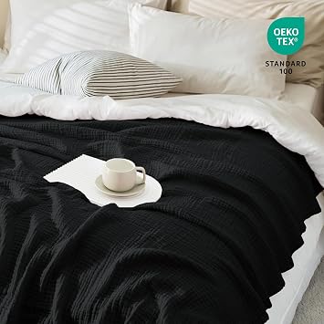 Carriediosa 100% Cotton Muslin Throw Blanket 70 x 80 Summer Gauze for Adult | 4-Layers Twin Size Throws for Bed Sofa Couch, Soft Lightweight Breathable Linen Blankets Bedspread All Season, Black