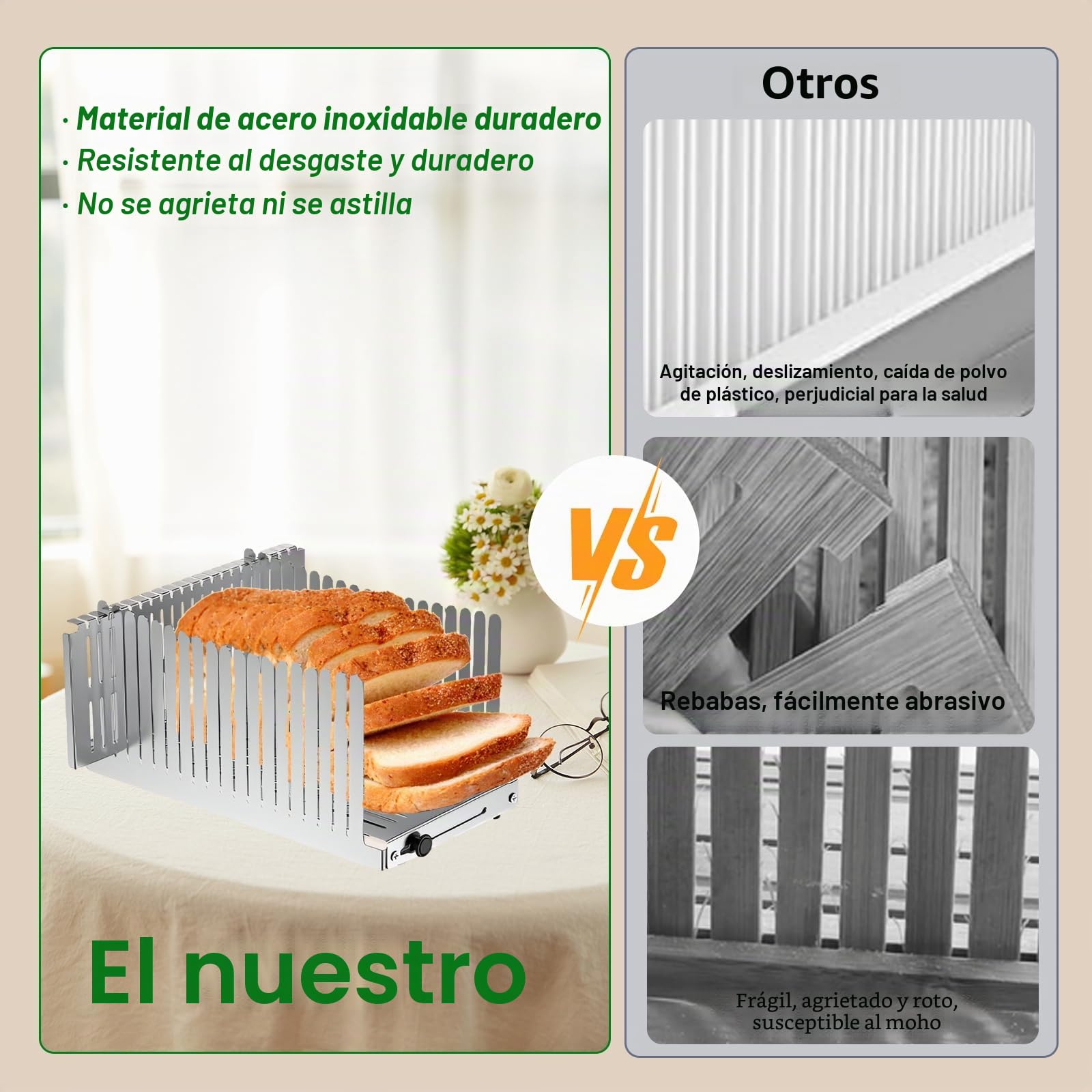 Rebanadora de Pan de Acero Inoxidable, Tabla Cortar Pan con Guía, Ancho Ajustable: de 14 a 21 cm, Grosor: 14 mm, Rebanadora de Pan Plegable para Bagels, Burritos, Tostada y Bizcocho