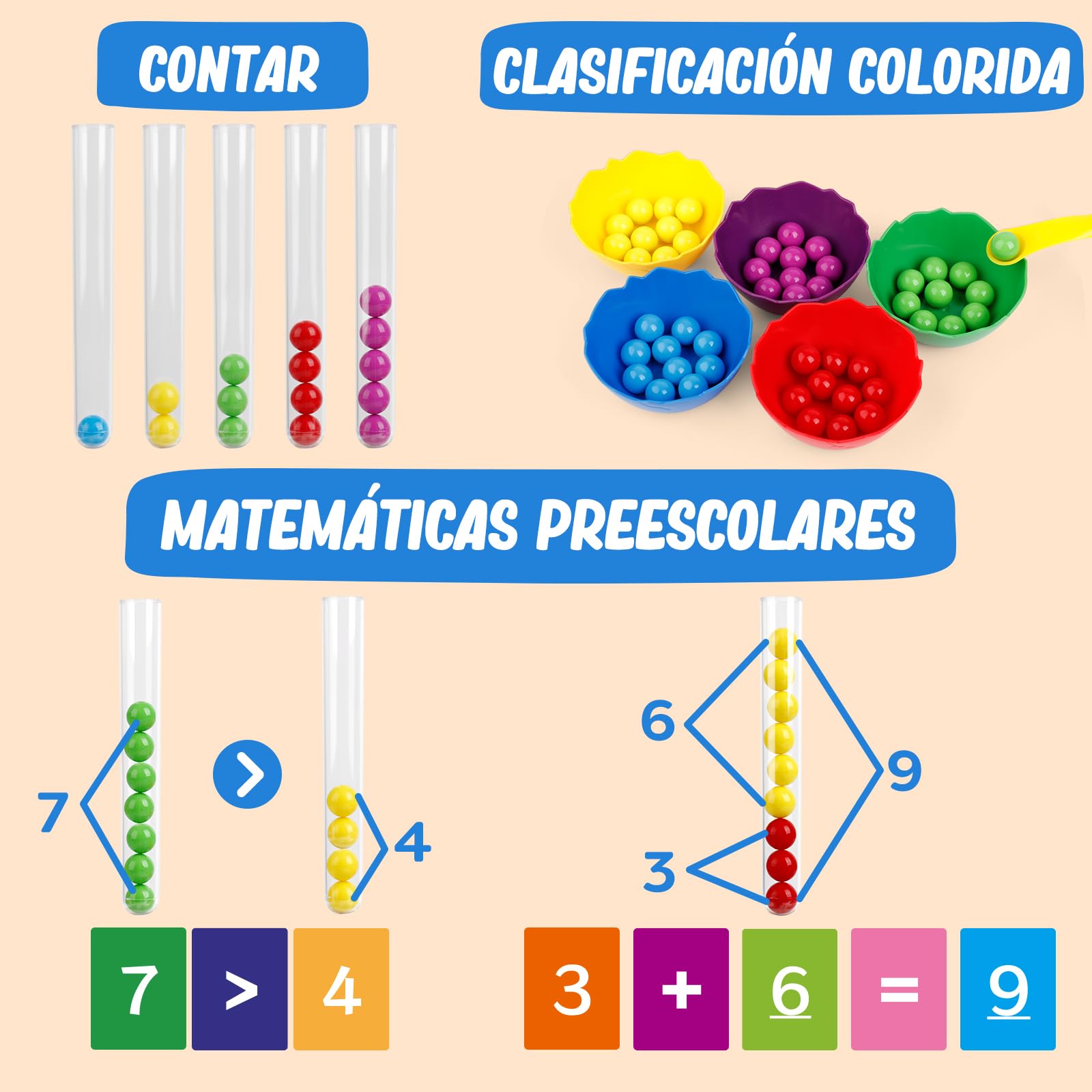 Broytain Montessori Juguete Educativo,Clasificar Juegos,Montessori Juego de Combinación de Color,para Contar,Motricidad Fina,Juguetes Educativos para Niños 3-7 años