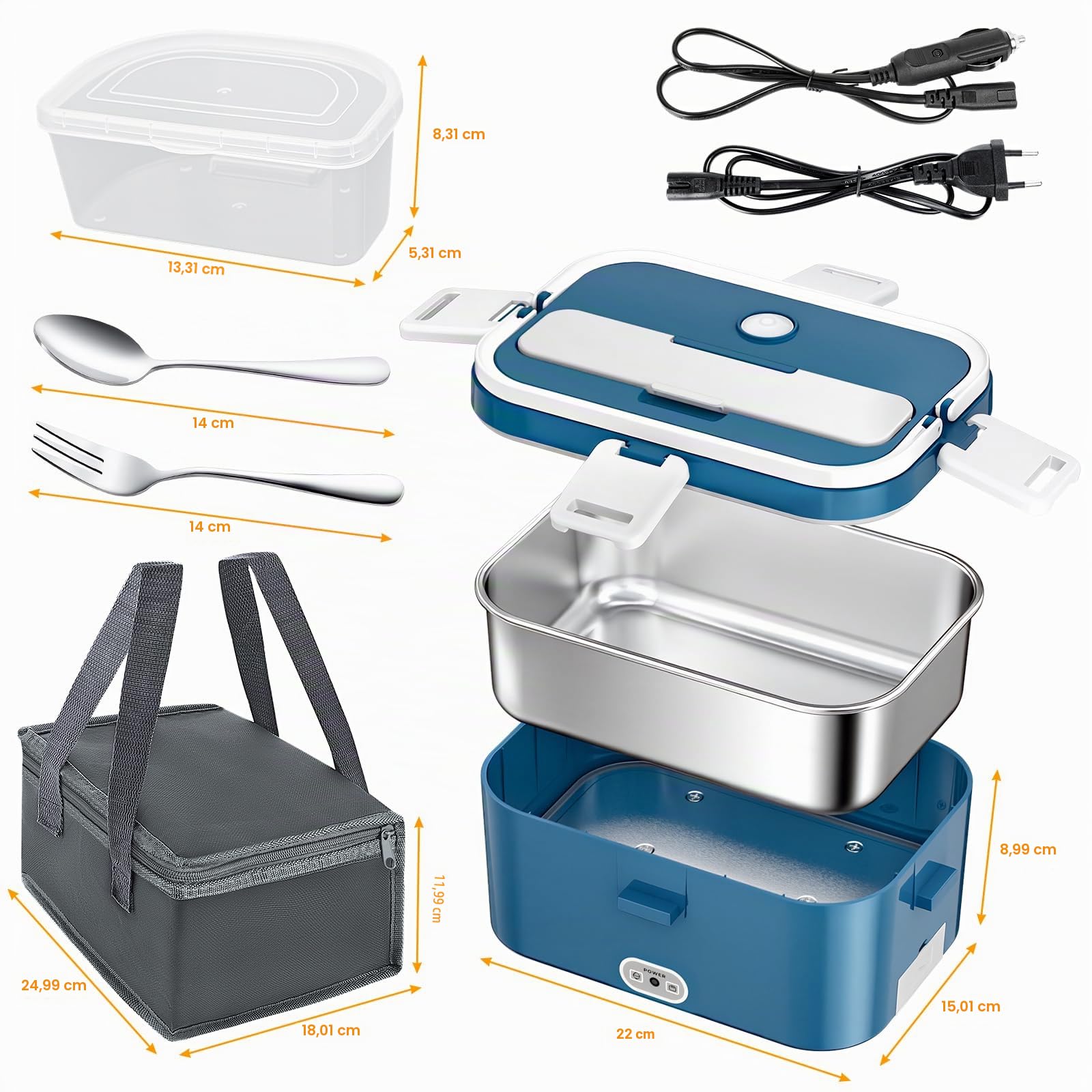 Scaldavivande Elettrico Portatile 100W 1.8L Lunch Box Termico 3 in 1(12V/24V/240V) per Auto Camion e Ufficio, Porta Pranzo Riscaldabile in Acciaio Inox con Borsa Forchetta e Cucchiaio