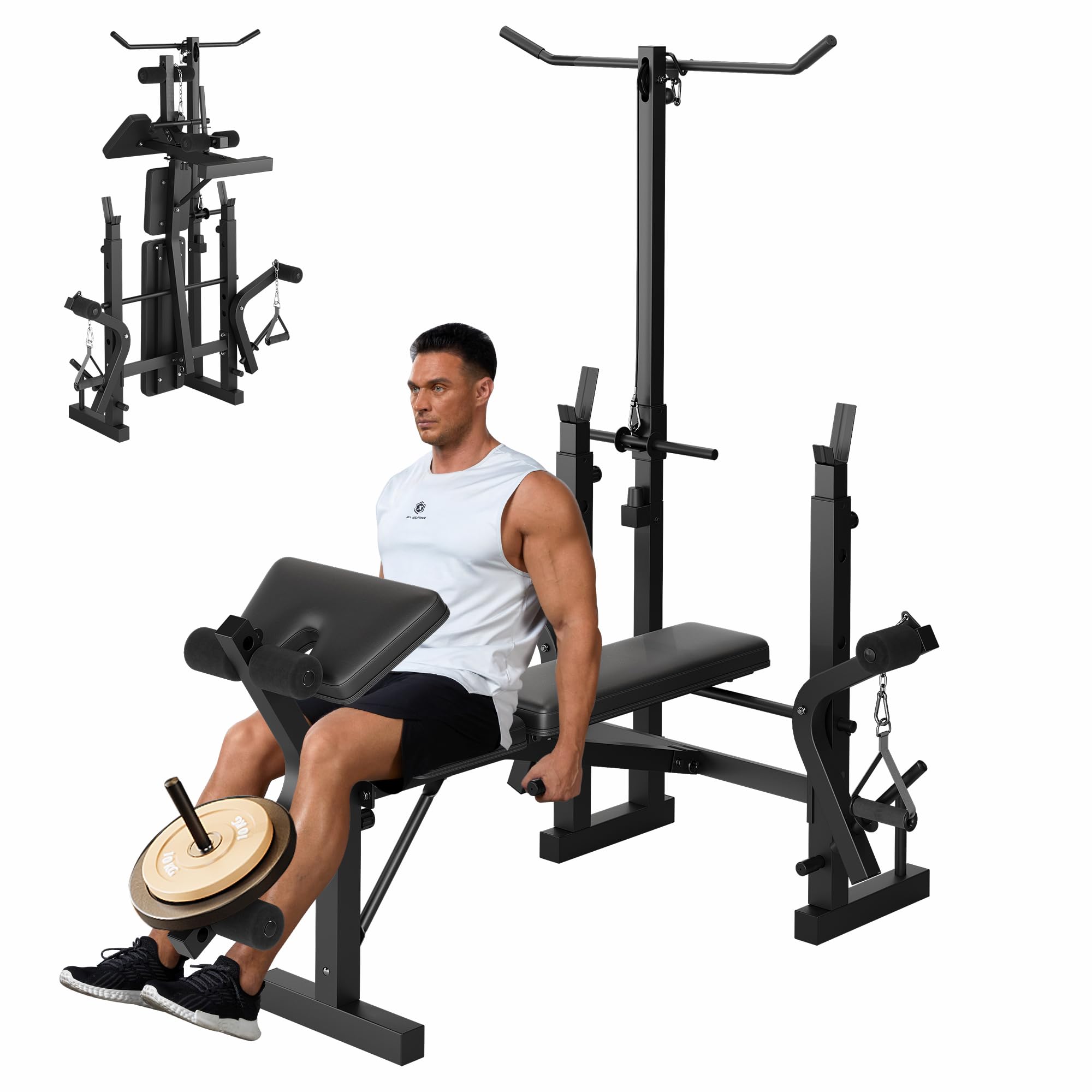 Multifunktional Hantelbank Set Klappbar, Verstellbar Hantelbank Fitnessgeräte kraftstation für zuhause mit Langhantelständer Latzugturm Seilzug Latzug Butterfly Training Bank, Beinbeuger Für Zuhause