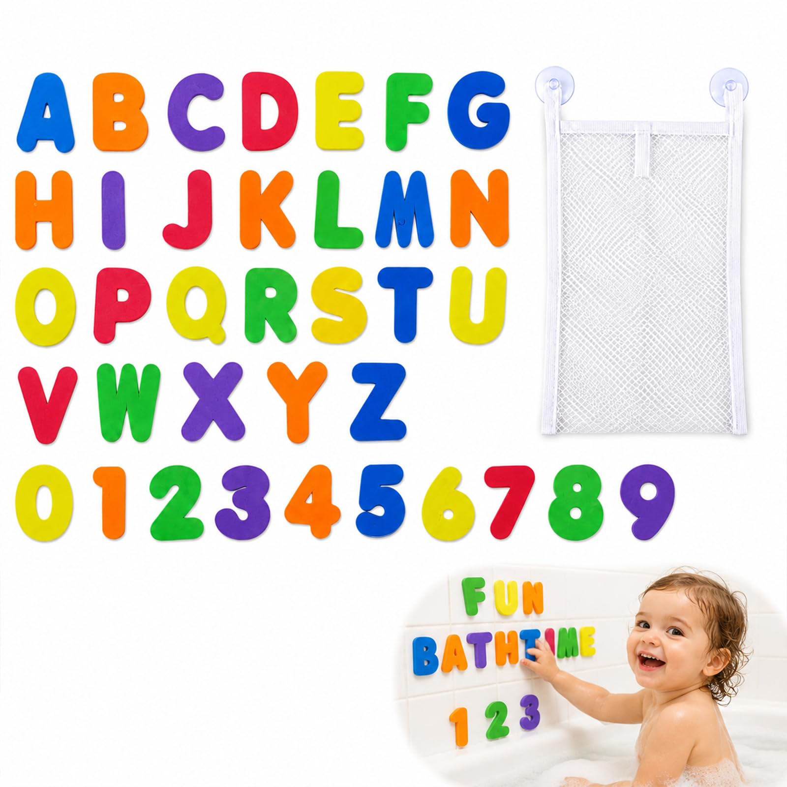 36Pcs Foam Alphabet Bath Toys Stickable Floatable Mesh Bag for Pool