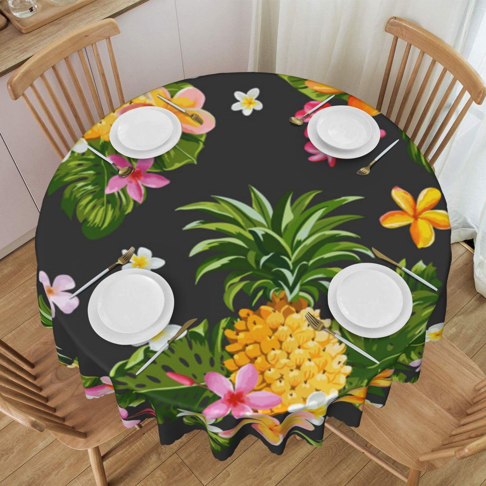DCEHGEW 60 In Round Tablecloth with Lace, Tropical Pineapple Hawaiian Printed Oilproof & Washable Fabric Picnic Table Cloth Table Covers