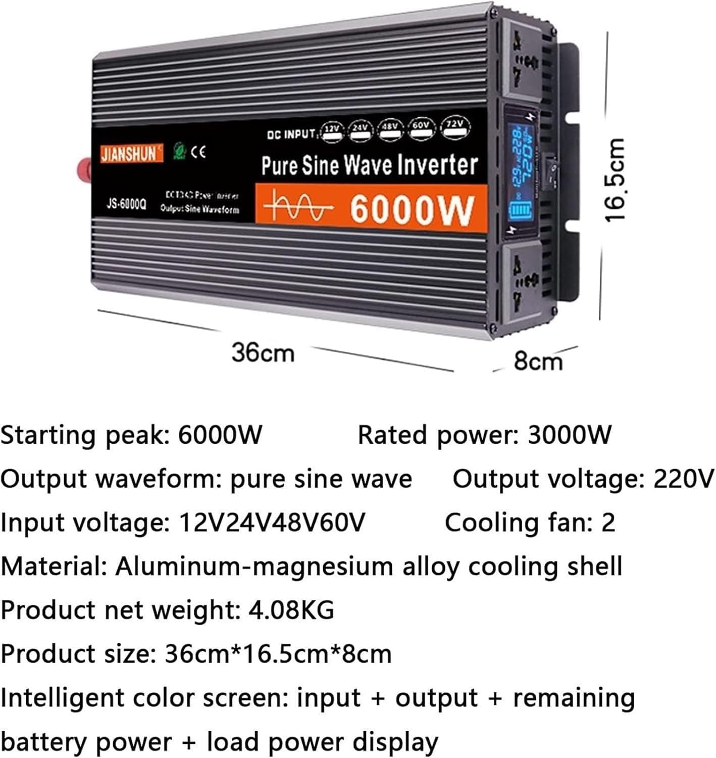 Inverter A Onda Sinusoidale Pura da 3000W 4000W 5000W 6000W per Auto da CC 12V 24V 48V 60V 72 V A CA 110V 120V/220V - 240V, Adatto per Abitazioni, Auto E Camper(6000W,12V to 220V)