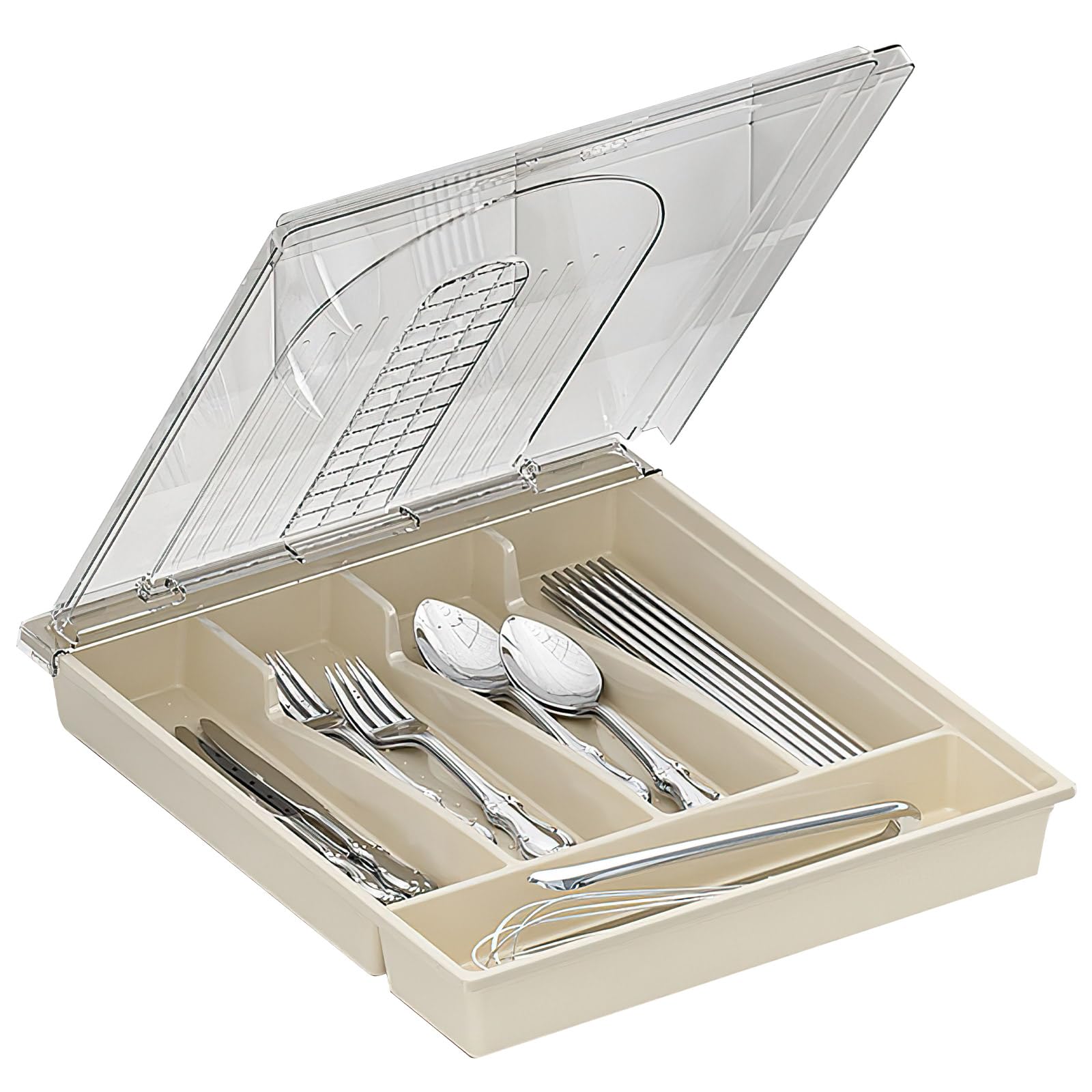Covra Cream Covered Silverware Organizer For Kitchen Drawer And Countertop, 5-Compartment Cutlery Storage Box For Spoons, Forks, Knives (Cream)