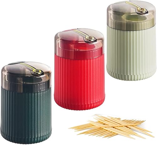 Paquete de 3 dispensadores automáticos de palillos de dientes, soporte para palillos de dientes para el hogar sin palillo de dientes, caja de