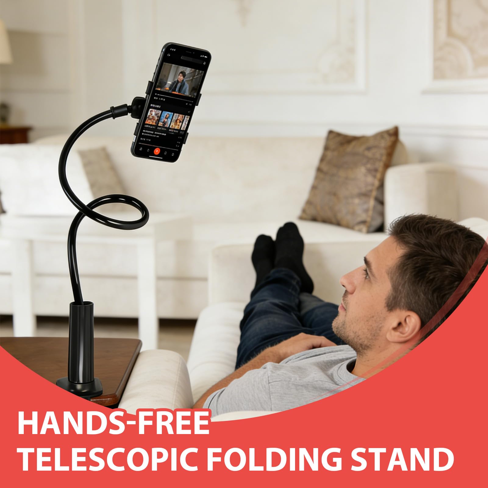 Support Telephone Lit, Support téléphone avec col de Cygne de - Réglable, avec bras télescopique flexible de 75 cm - Convient à tous les modèles - Convient pour les vidéos et regarder des films