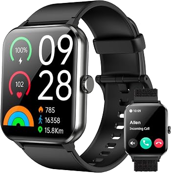 Smart Watch,1.85 HD Smartwatch for Men WomenAnswer/Make Call, Fitness Watch with Heart Rate/Sleep/Spo2/IP68 Waterproof/100+ Sports Modes, Pedometer, Activity Tracker for Android & iOS 2 Straps