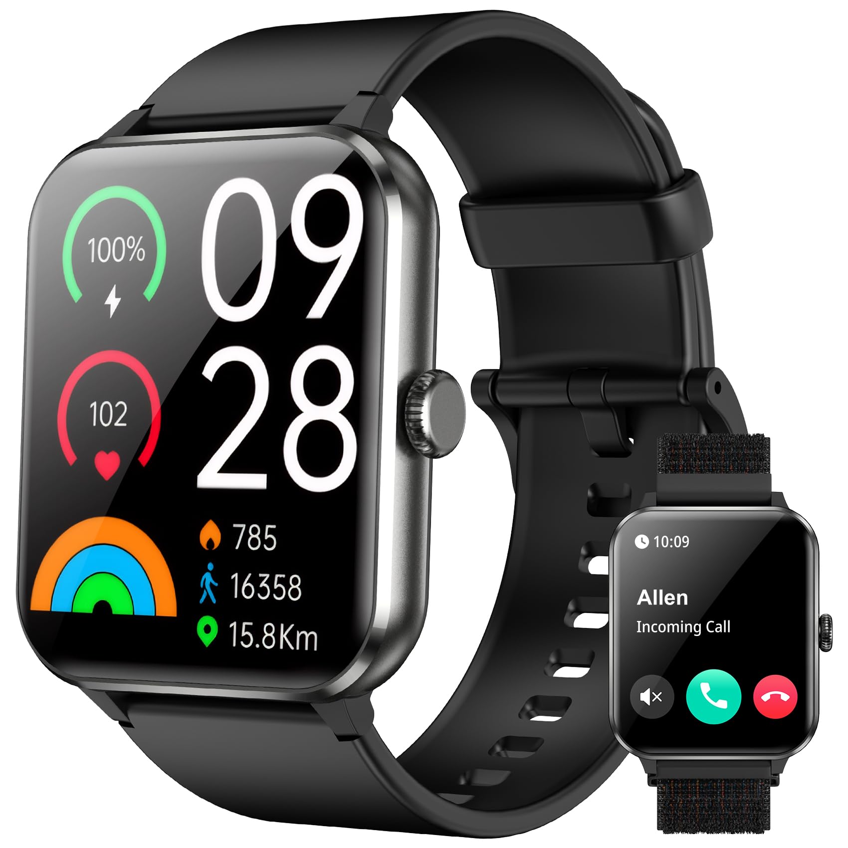 Smart Watch,1.85'' HD Smartwatch for Men Women(Answer/Make Call), Fitness Watch with Heart Rate/Sleep/Spo2/IP68 Waterproof/100+ Sports Modes, Pedometer, Activity Tracker for Android & iOS (2 Straps)