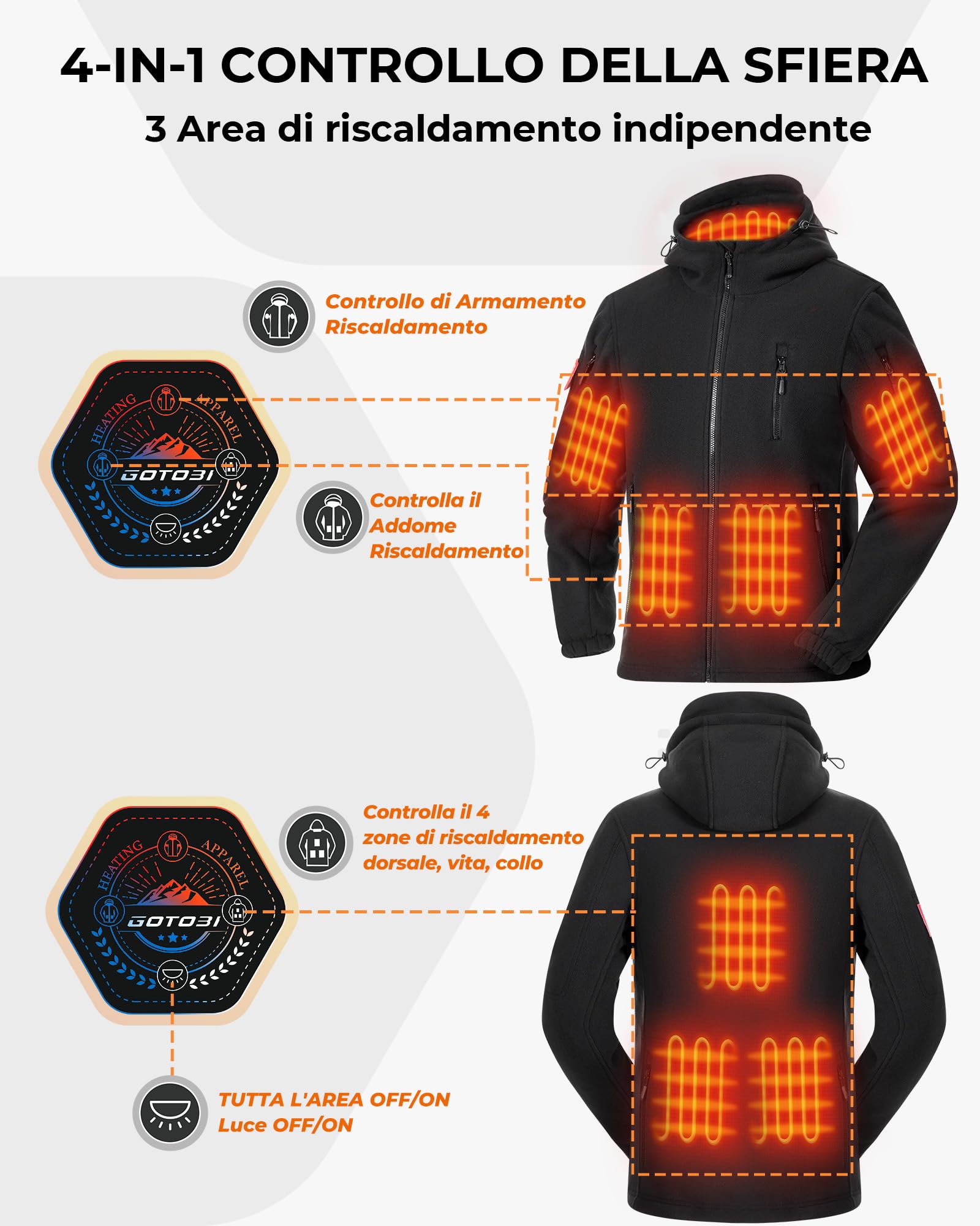 Pile Giacca Riscaldata Uomo Con Power Bank 12v 18400mah, 8 Zone Di Riscaldamento Giacca Riscaldamento Elettrico Con 3 Livelli Di Temperatura,Cappotto Invernale con Cappuccio,L