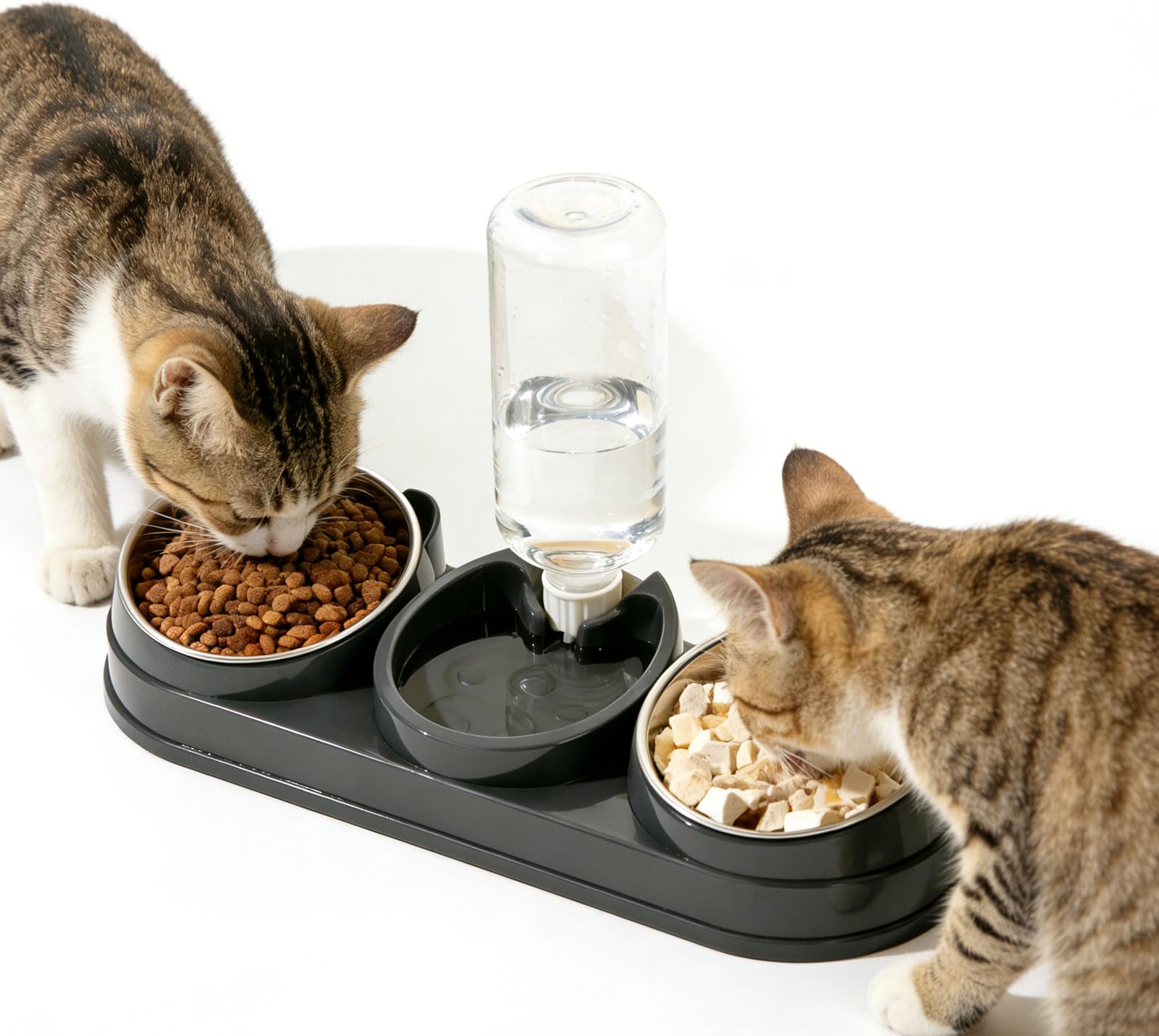 PlushPlumage Cat Bowl,3 in 1 Cat Food and Water Bowl Set (Deep Gray)