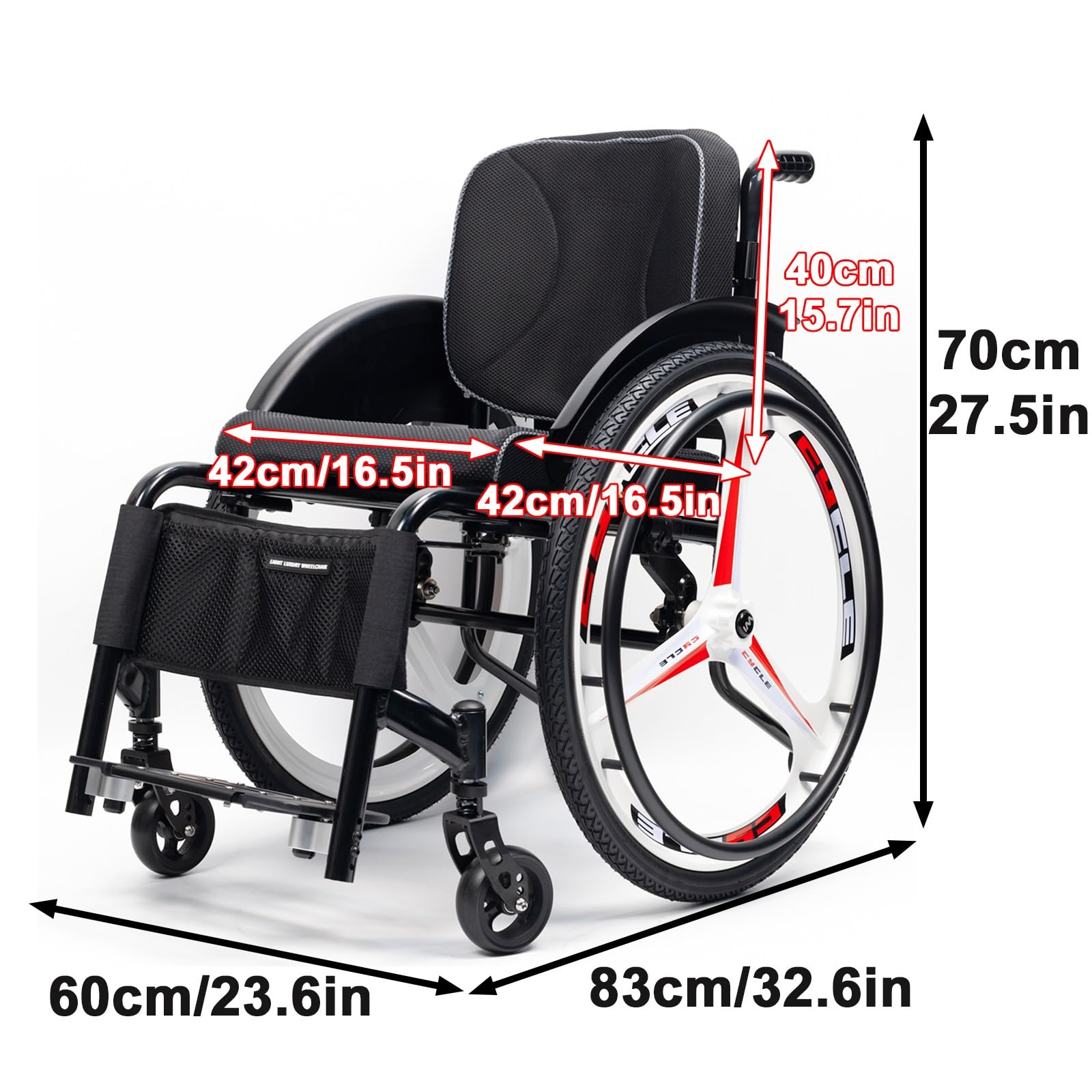 Lekki sportowy wózek inwalidzki, nieskładany, ze stopu aluminium, dla dorosłych (szerokość siedziska: 42 cm)