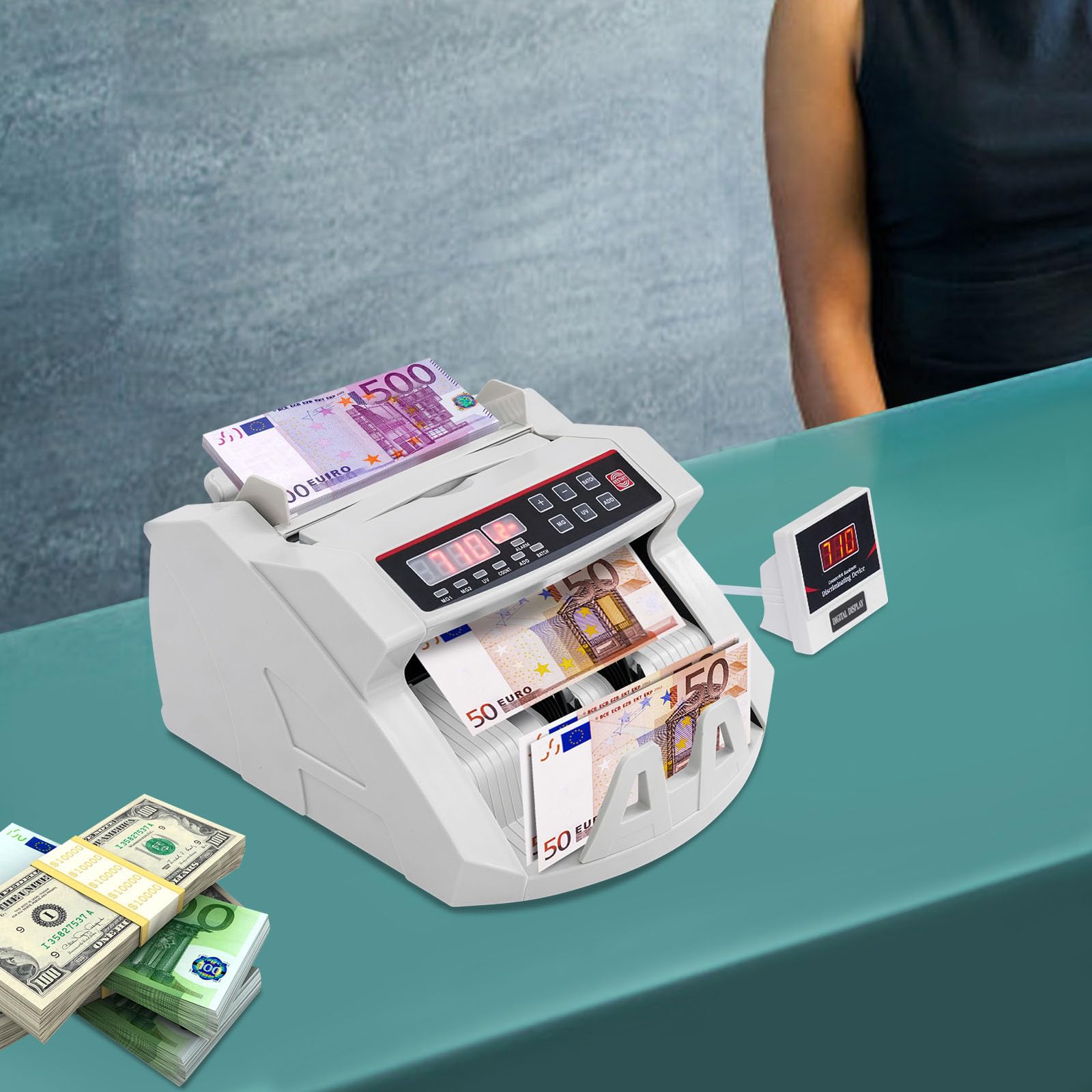 Contatore per denaro, conta banconote assortite, macchina per il conteggio dei soldi, multinazionale, con rilevazione della rottura, per negozi e uffici, con indicatore LED e funzione di allarme