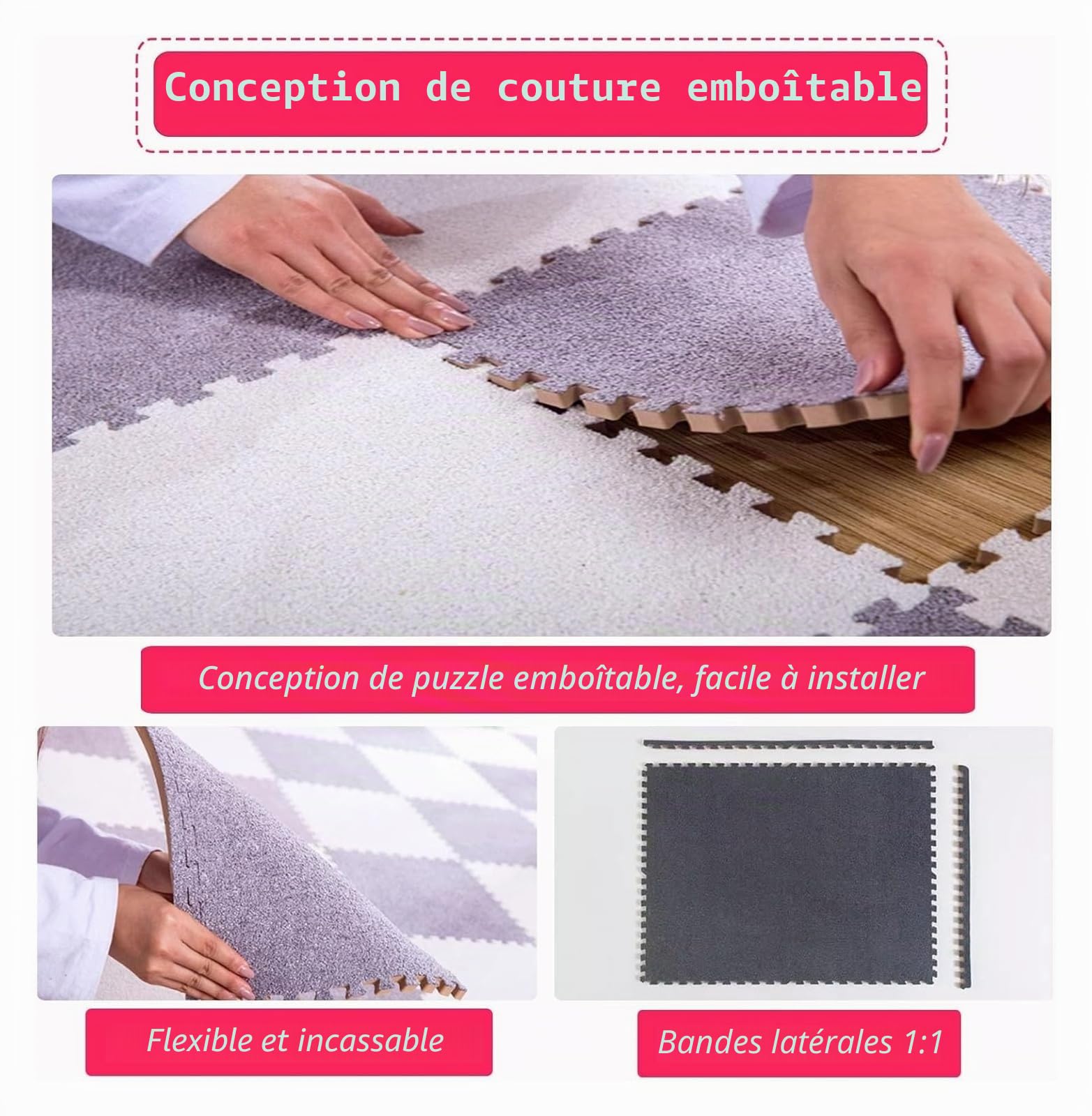 Lot de 10 Tapis de Sol Puzzle carrés 30 x 30 cm, en Peluche Courte, à emboîter, épais, avec Bordure, for décoration d'intérieur(Beige)