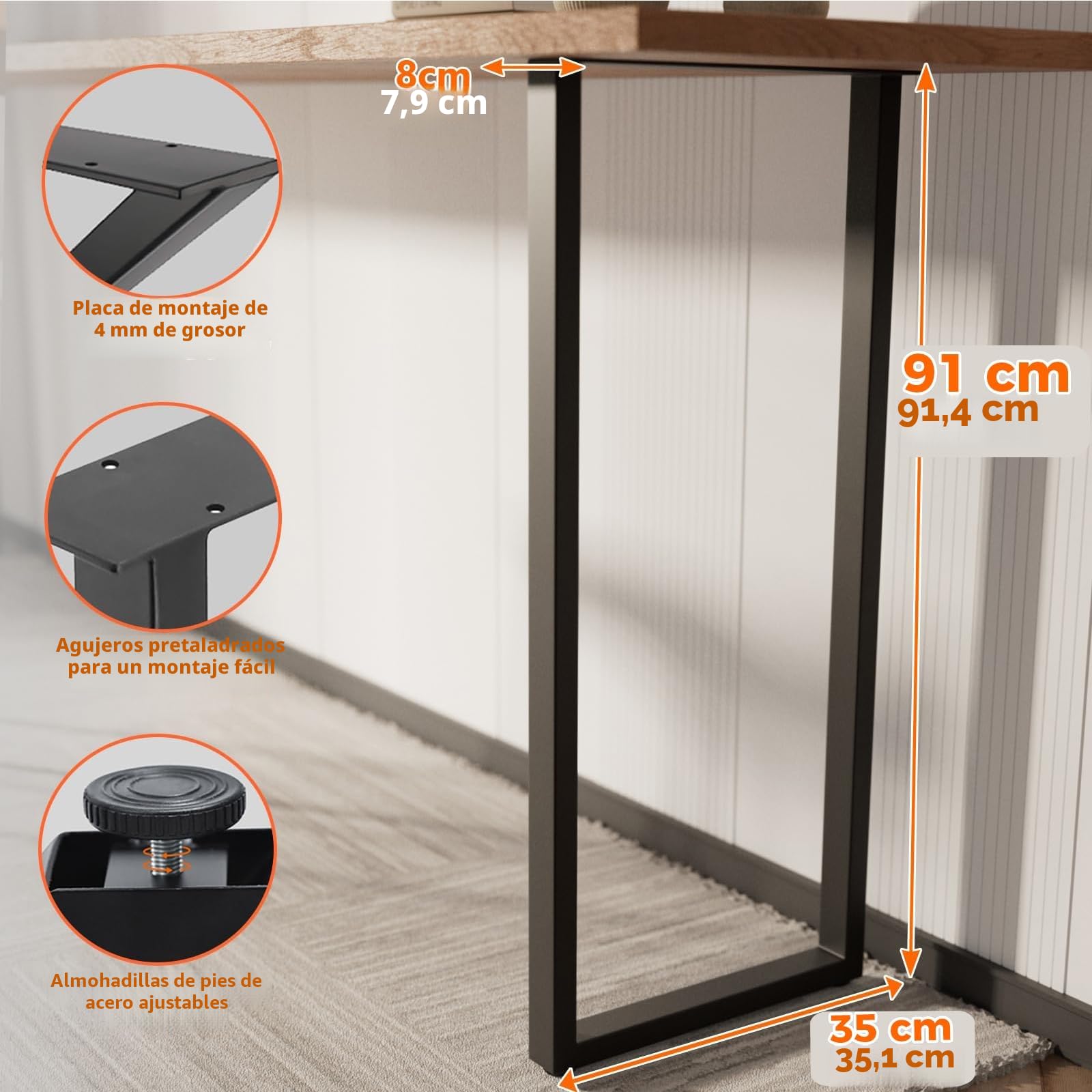 Homtone 2 patas de barra de desayuno resistentes, patas de mesa de metal rústico resistentes para mesa alta, mesa de bar, proyectos de muebles de bricolaje, color negro (91 x 35 cm, cuadradas)