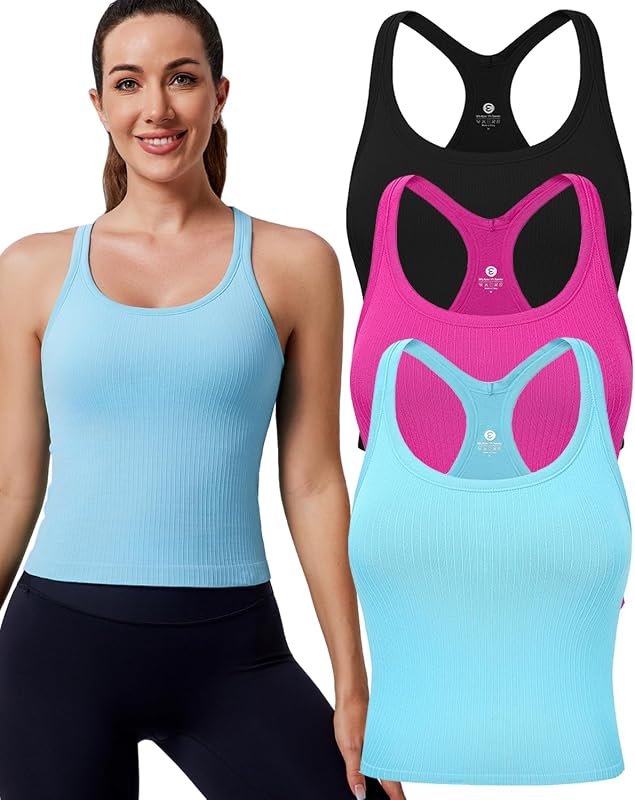 Women's Workout Tank Tops, with Built in Bra Racerback Seamless Crop Tops | Removable Pads, 1/2/3 Pack, A-D Cup, High Support, Wireless, Full Coverage, Camisole Sport Tanks, for Yoga Gym Exercise Daily